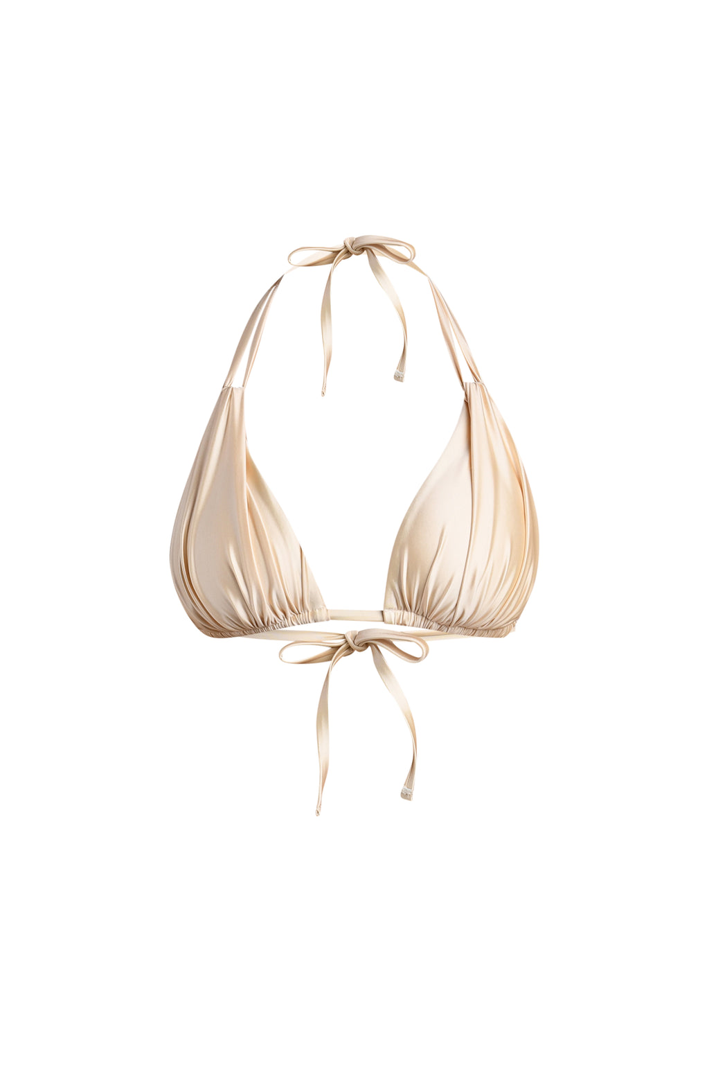 Champagne colored bikini top with thin straps on a white background