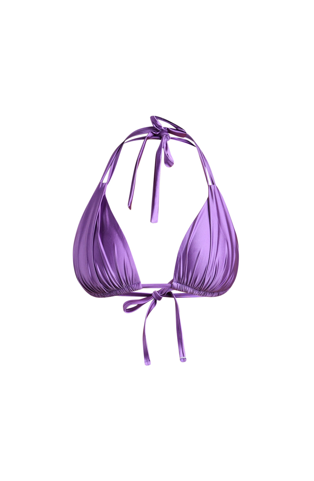 Lavender colored bikini top with halter straps on a white background