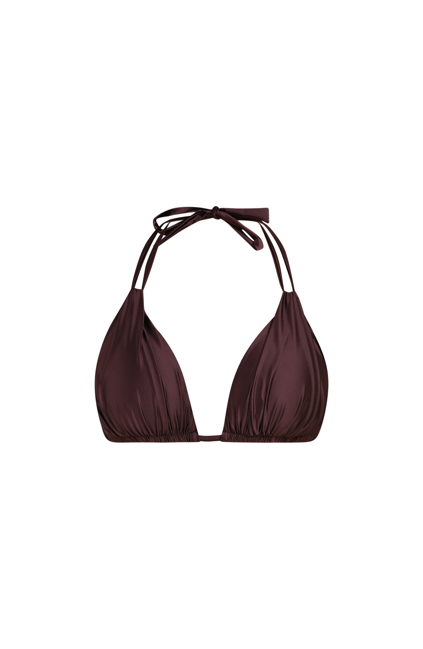 
                  
                    Floating image of a halter bikini top in a truffle (brown) color with ruched triangle cups and adjustable neck ties.
                  
                