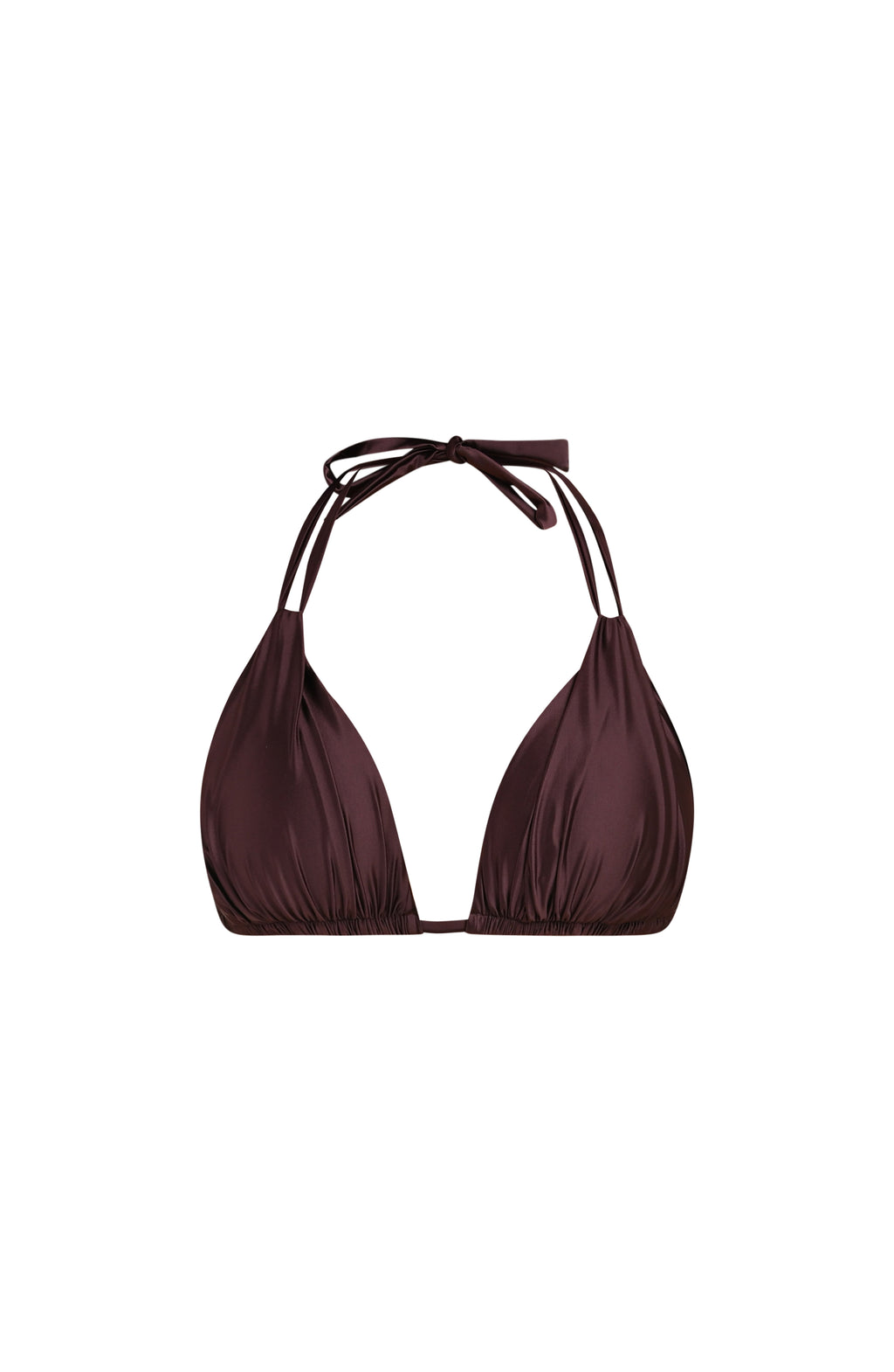 Floating image of a halter bikini top in a truffle (brown) color with ruched triangle cups and adjustable neck ties.
