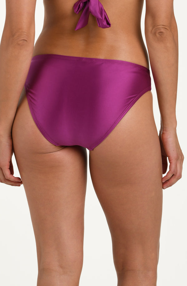 Back image of model wearing basic hipster bikini bottoms in a berry color, featuring moderate rear coverage.