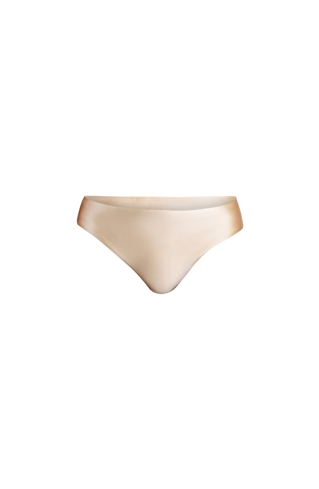 Champagne colored bikini bottoms against a white background. 