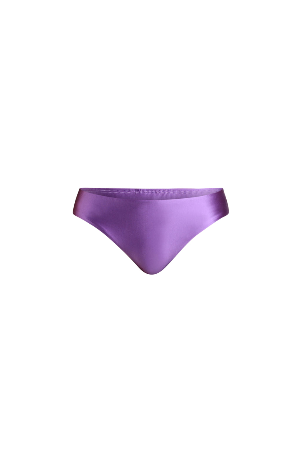 Lavender colored bikini bottoms against a white background. 