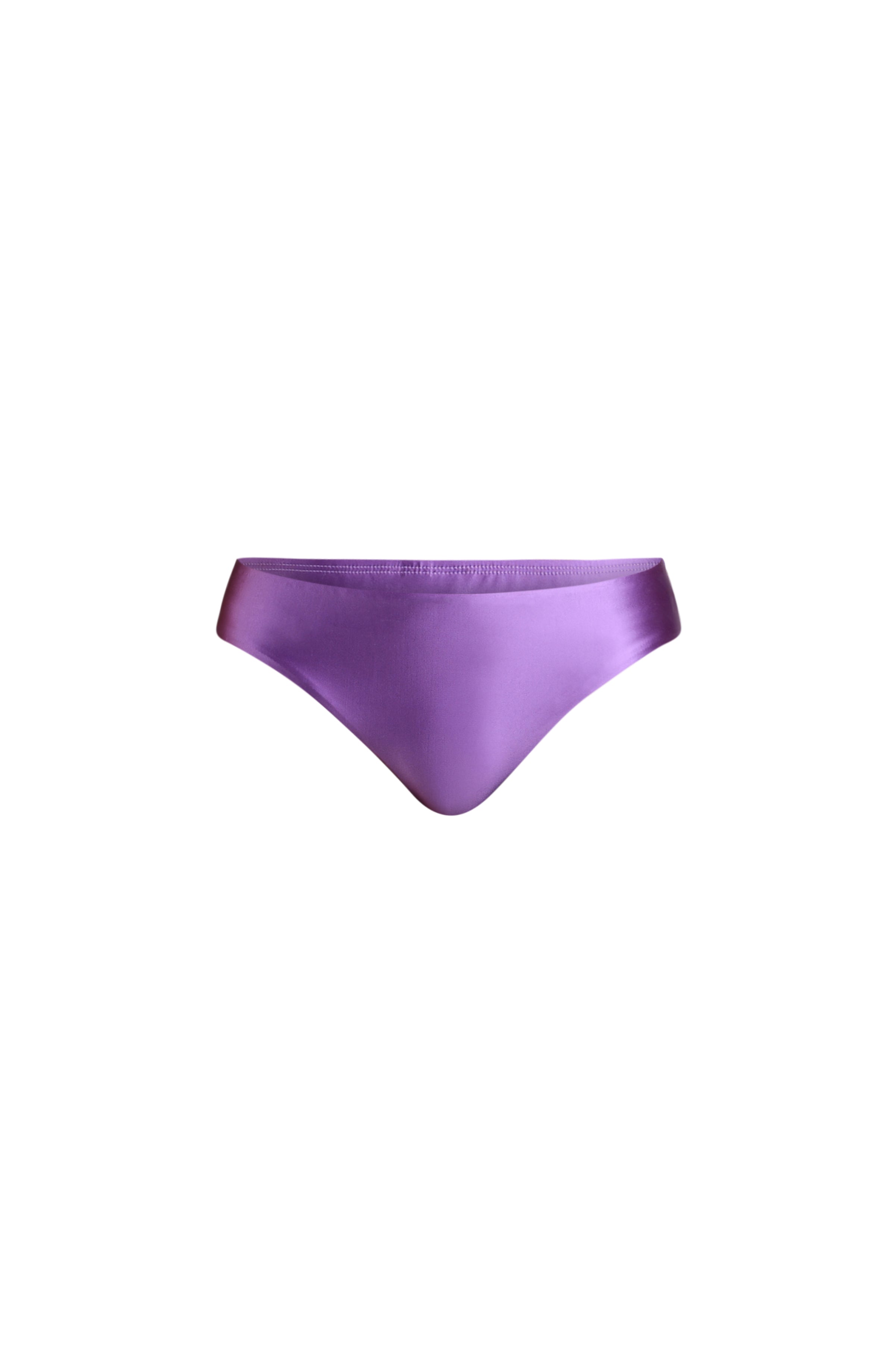 Lavender colored bikini bottoms against a white background. 