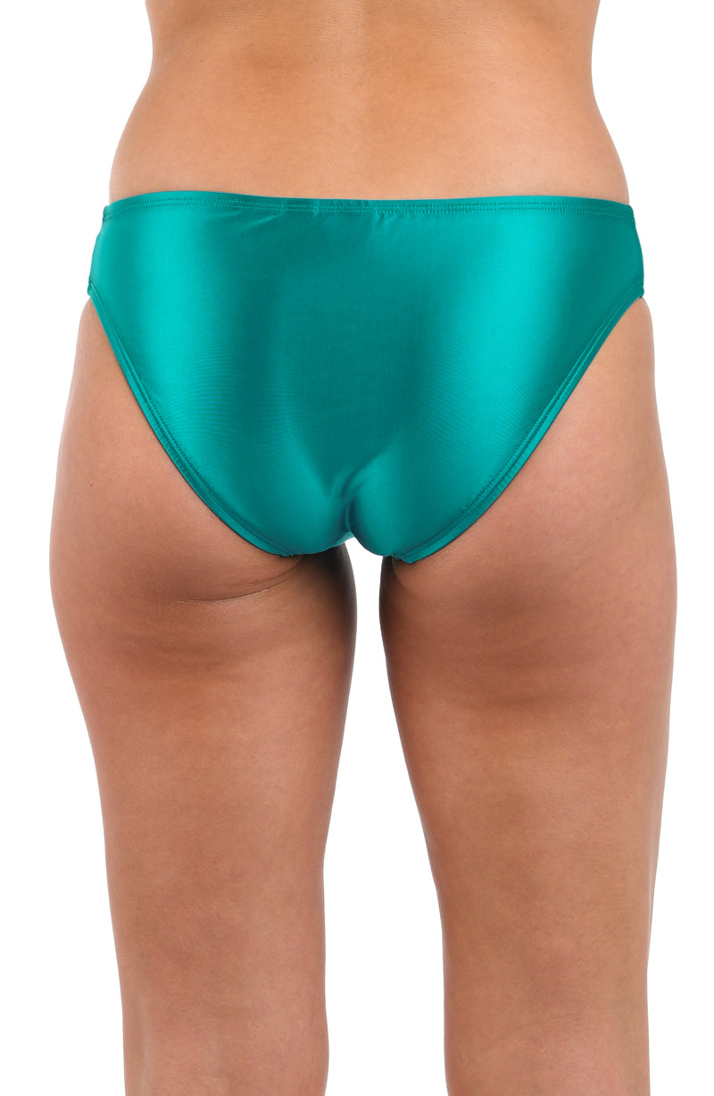 Back image of model wearing the Earth Goddess Hipster Bottom in Teal.