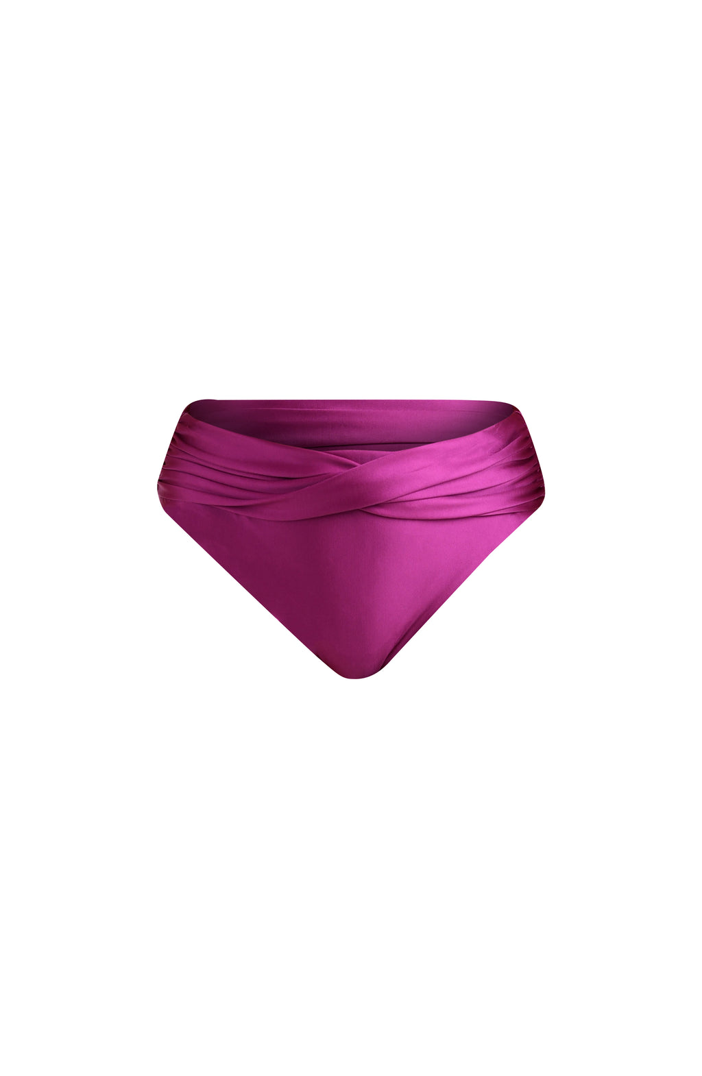 Floating image of a berry colored bikini bottom with a mid-rise fit and a flattering crossover waistband design.