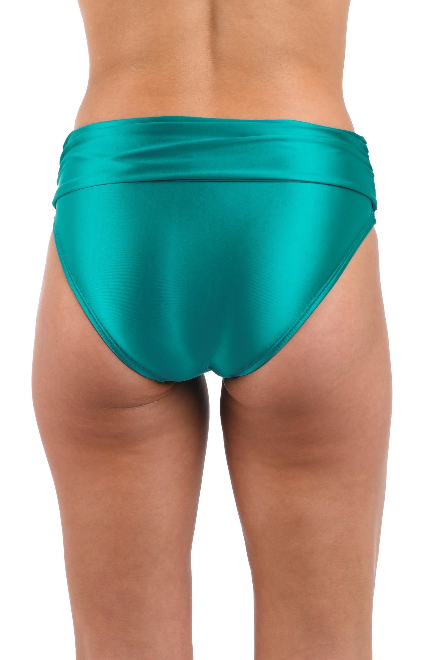 Back image of model wearing the Earth Goddess Mid-Waist Twist Front Bottom in Teal.