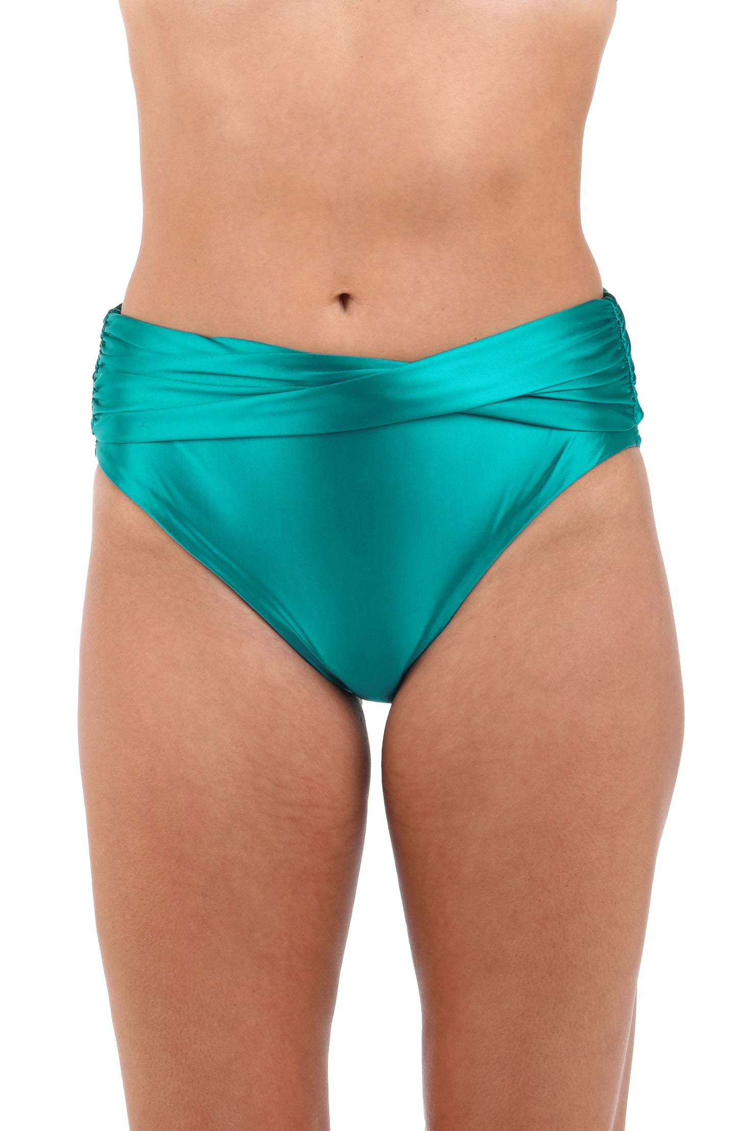 Front image of model wearing the Earth Goddess Mid-Waist Twist Front Bottom in Teal.