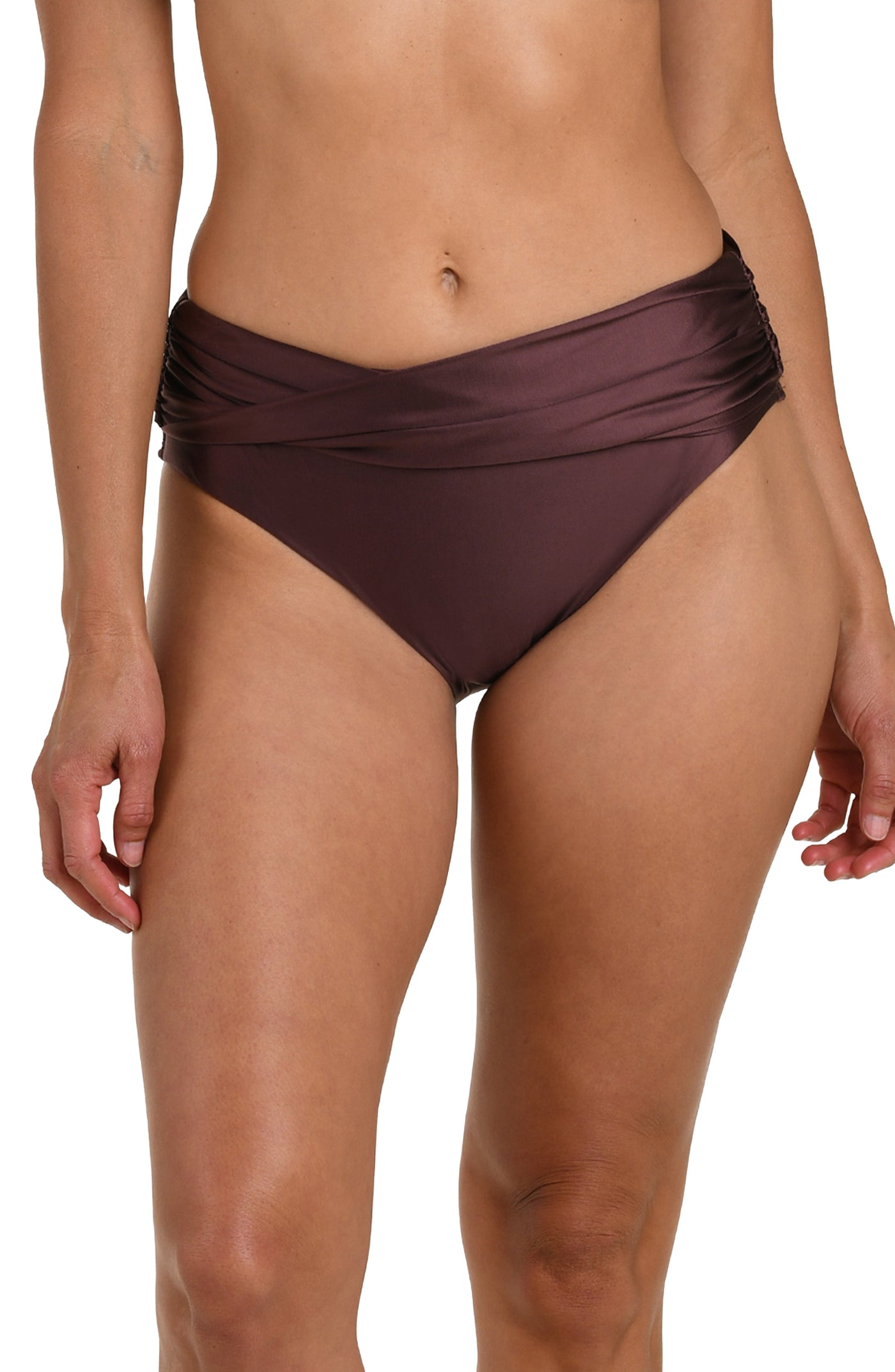 
                  
                    Front image of model wearing truffle (brown) colored bikini bottom with a mid-rise fit and a flattering crossover waistband design.
                  
                