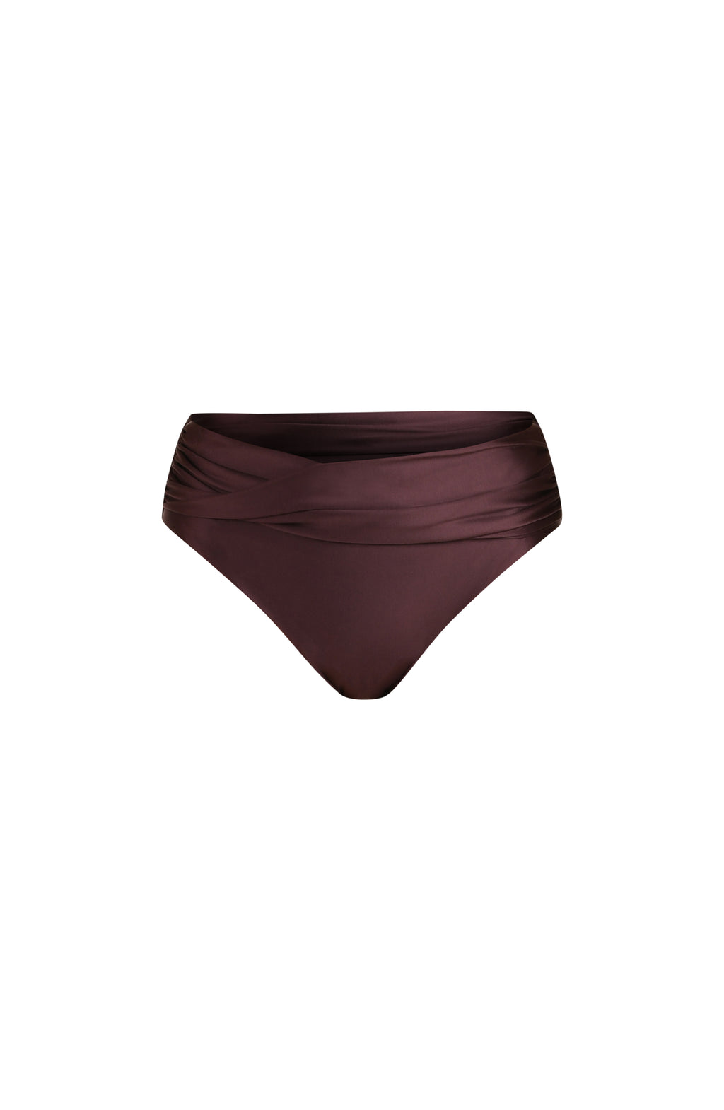 Floating image of a truffle (brown) colored bikini bottom with a mid-rise fit and a flattering crossover waistband design.