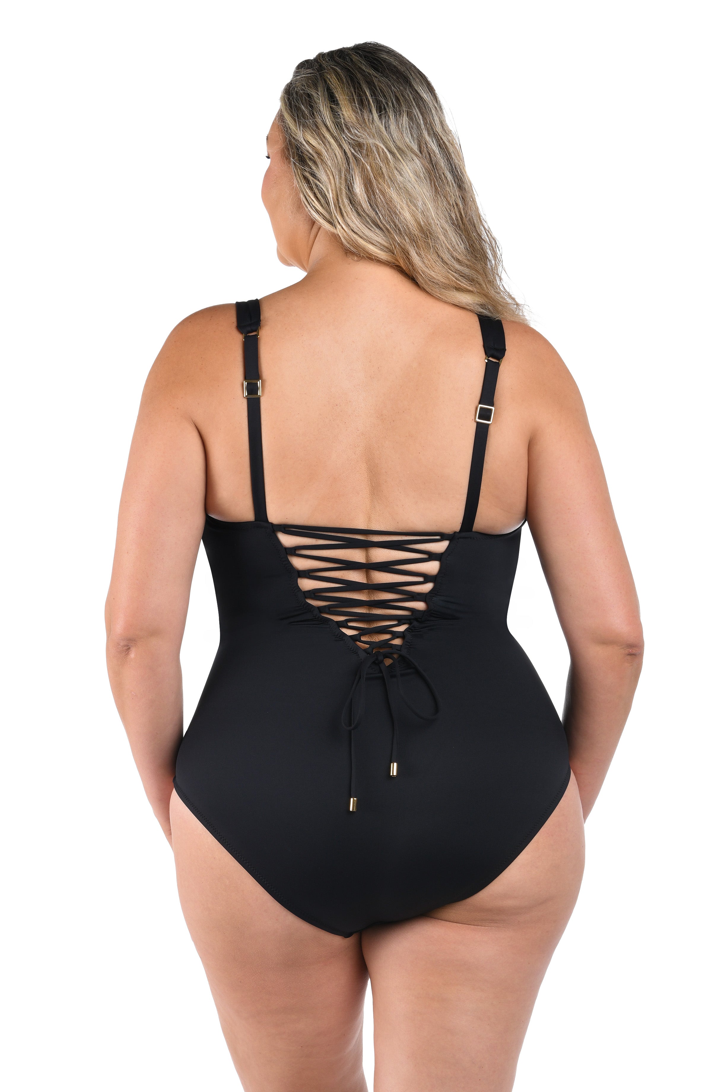 Model is wearing a black Over The Shoulder One Piece Swimsuit. Plus-Size-Back-Image