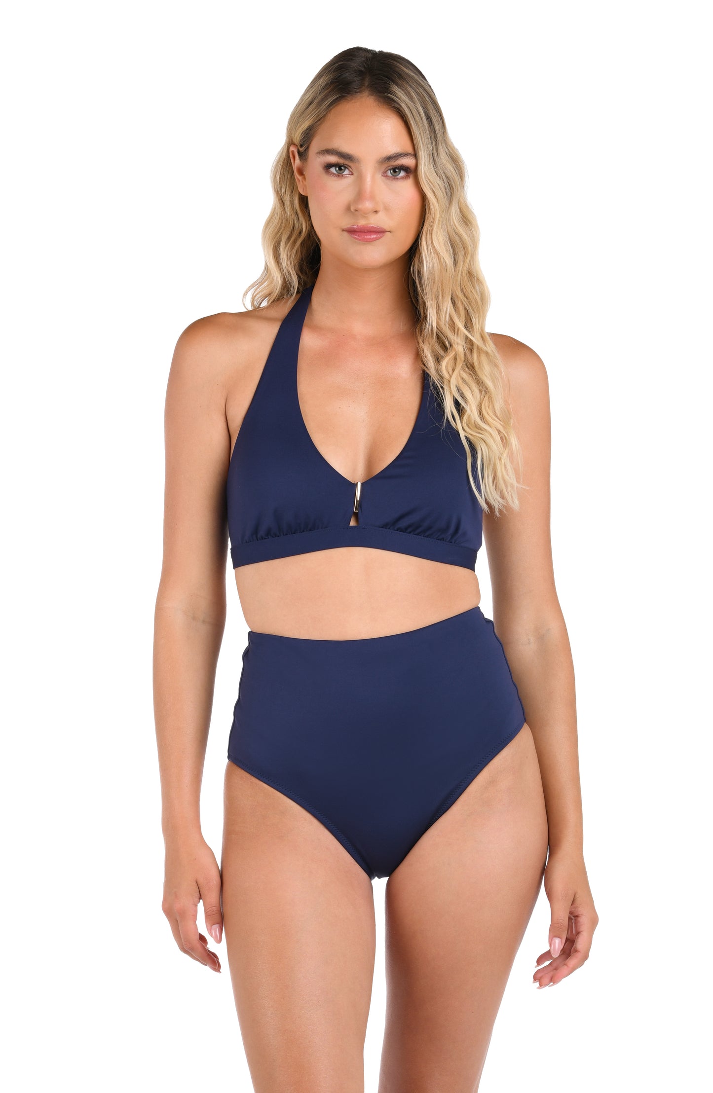 Model is wearing a LB LUXE Banded Halter Swimsuit Top in Indigo.