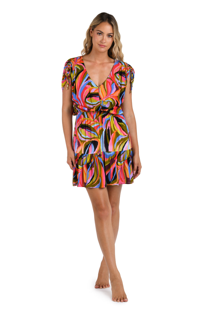 Front image of model wearing the Tropic Waves V-Neck Cover Up Dress.