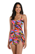 Front image of model wearing the Tropic Waves Over the Shoulder Tankini Top.