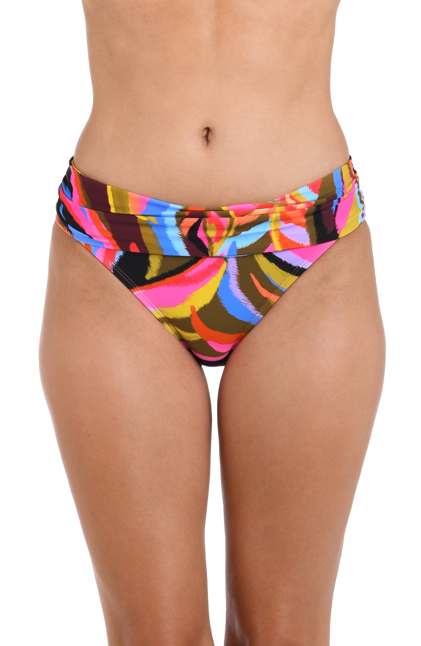 Front image of model wearing the Tropic Waves Shirred Band Hipster Bottom.