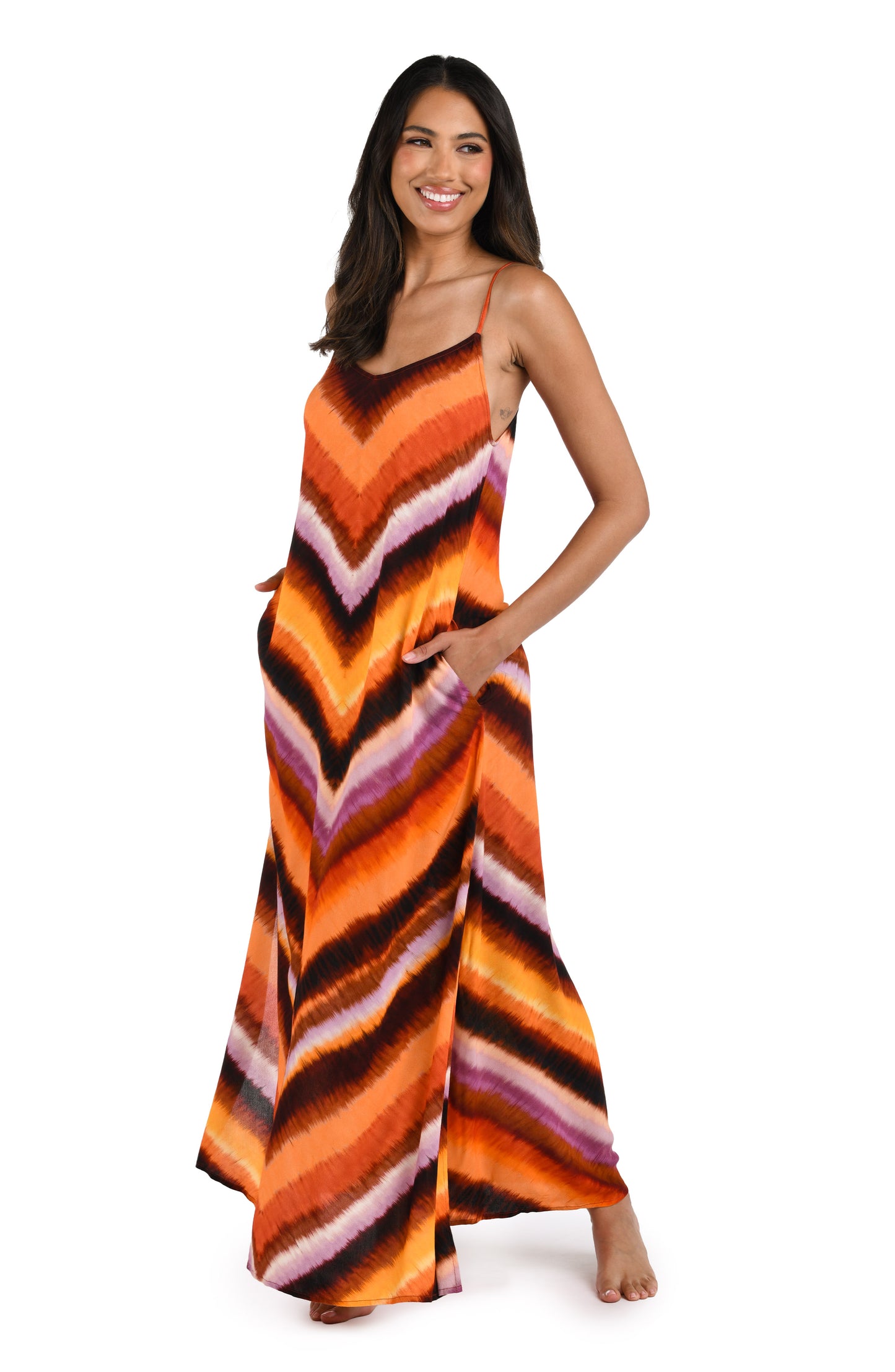 Model is wearing an Upon the Horizon Over the Shoulder Maxi Dress.