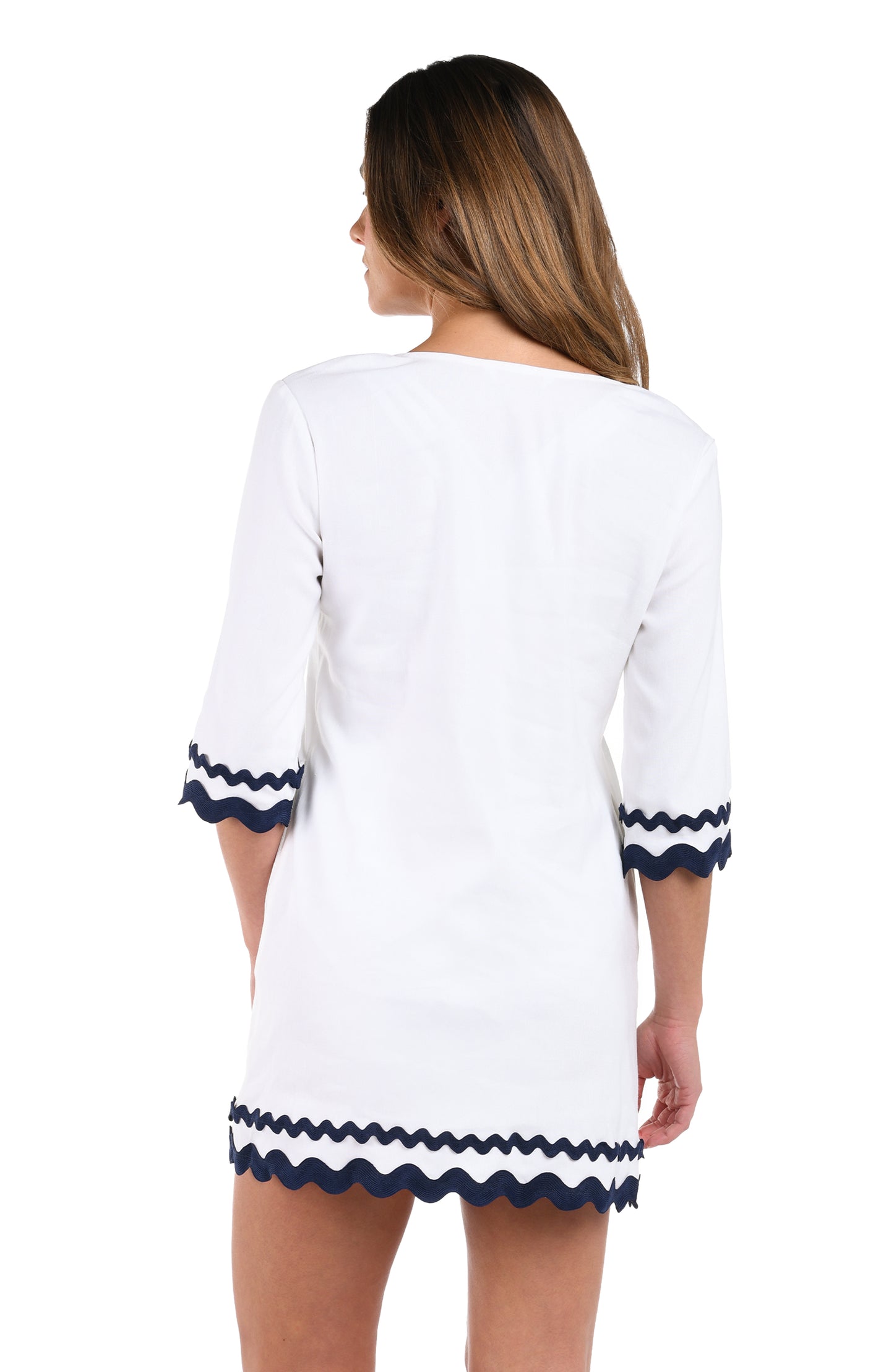 Back image of model wearing the Poolside Chic V-Neck Tunic in white and indigo.