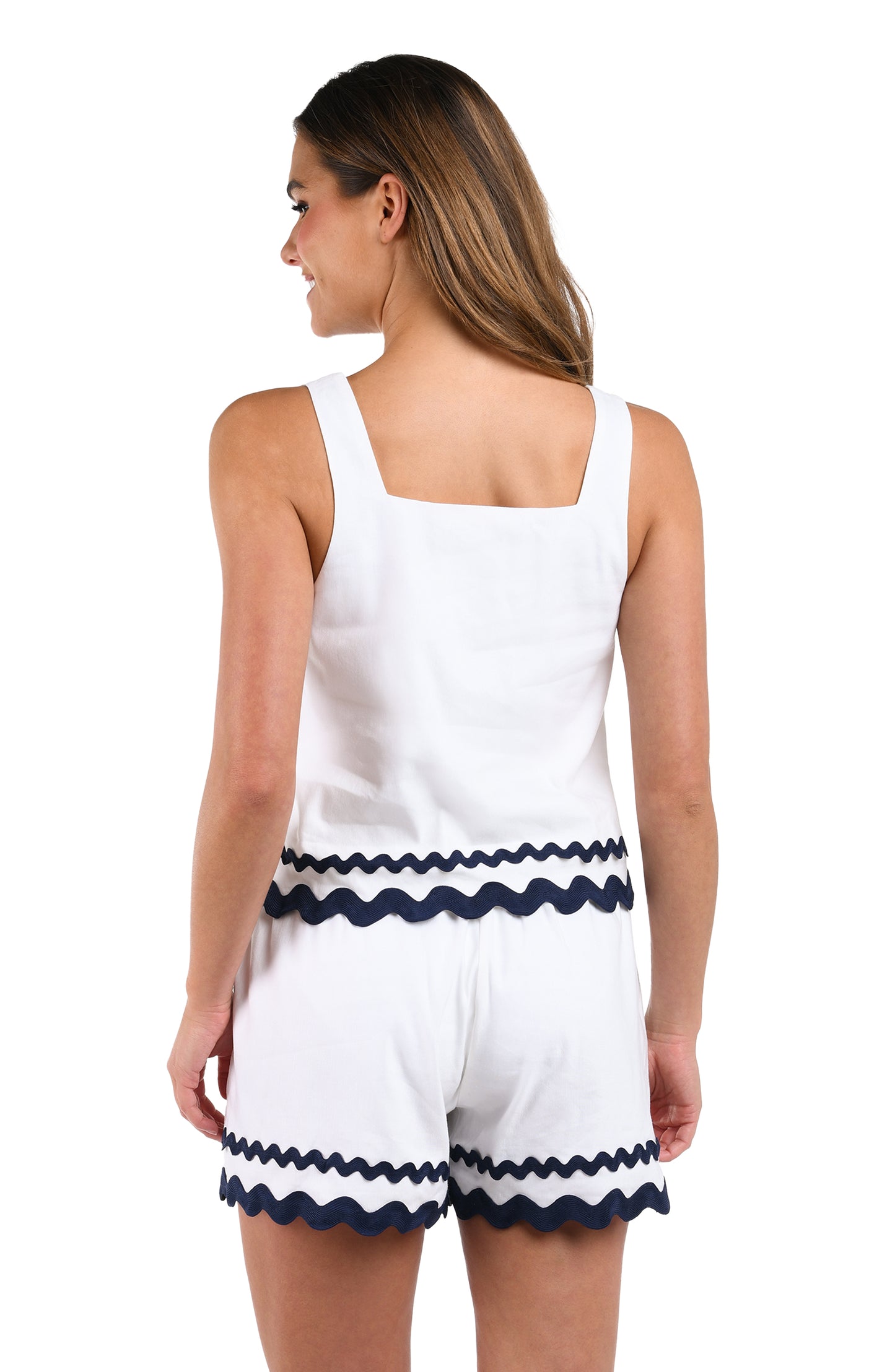 Back image of model wearing the Poolside Chic Square Neck Tank Top in white and indigo.