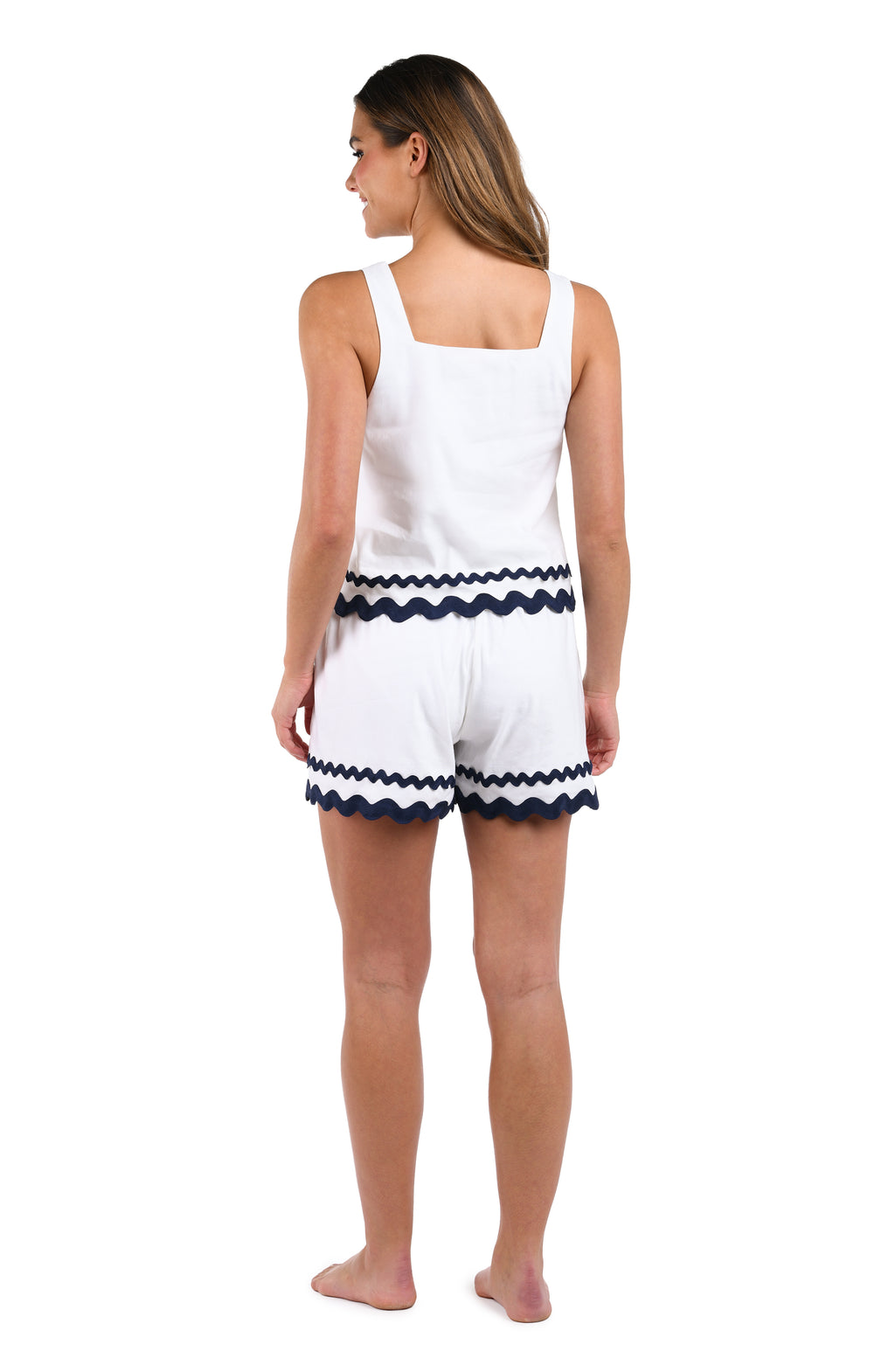 Back image of model wearing the Poolside Chic Square Neck Tank Top in white and indigo.