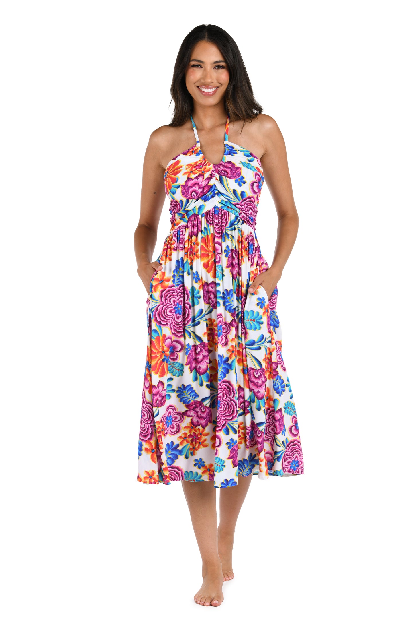 Front image of model wearing the Flor De Paradiso Halter Midi Dress Cover Up.