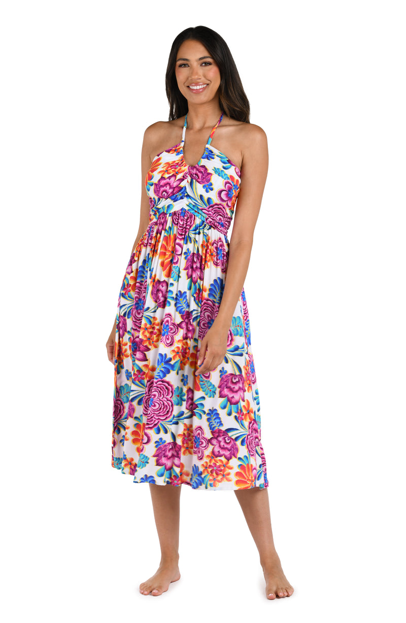 Front image of model wearing the Flor De Paradiso Halter Midi Dress Cover Up.