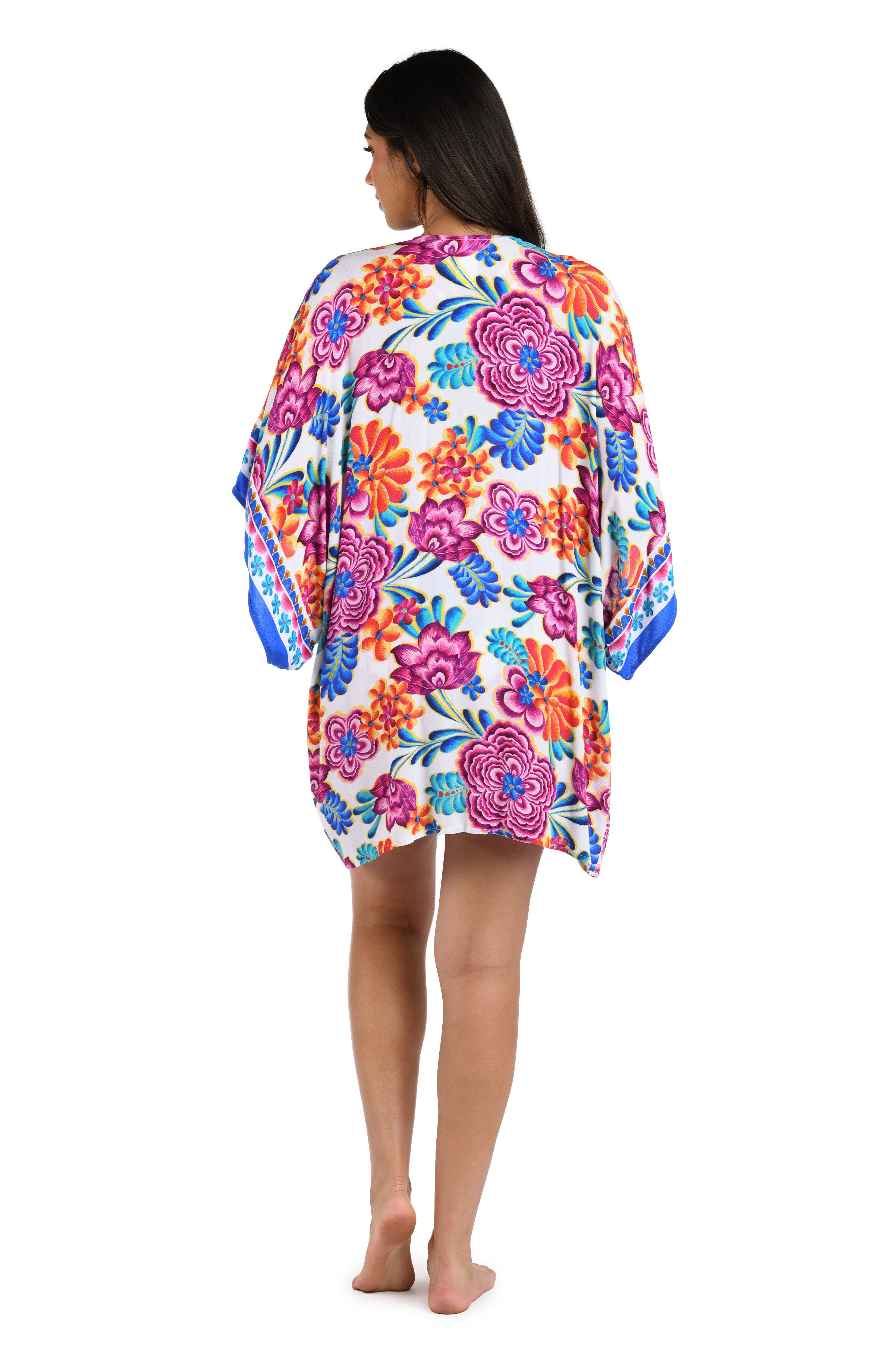Back image of model wearing the Flor De Paradiso Kimono Cover Up.