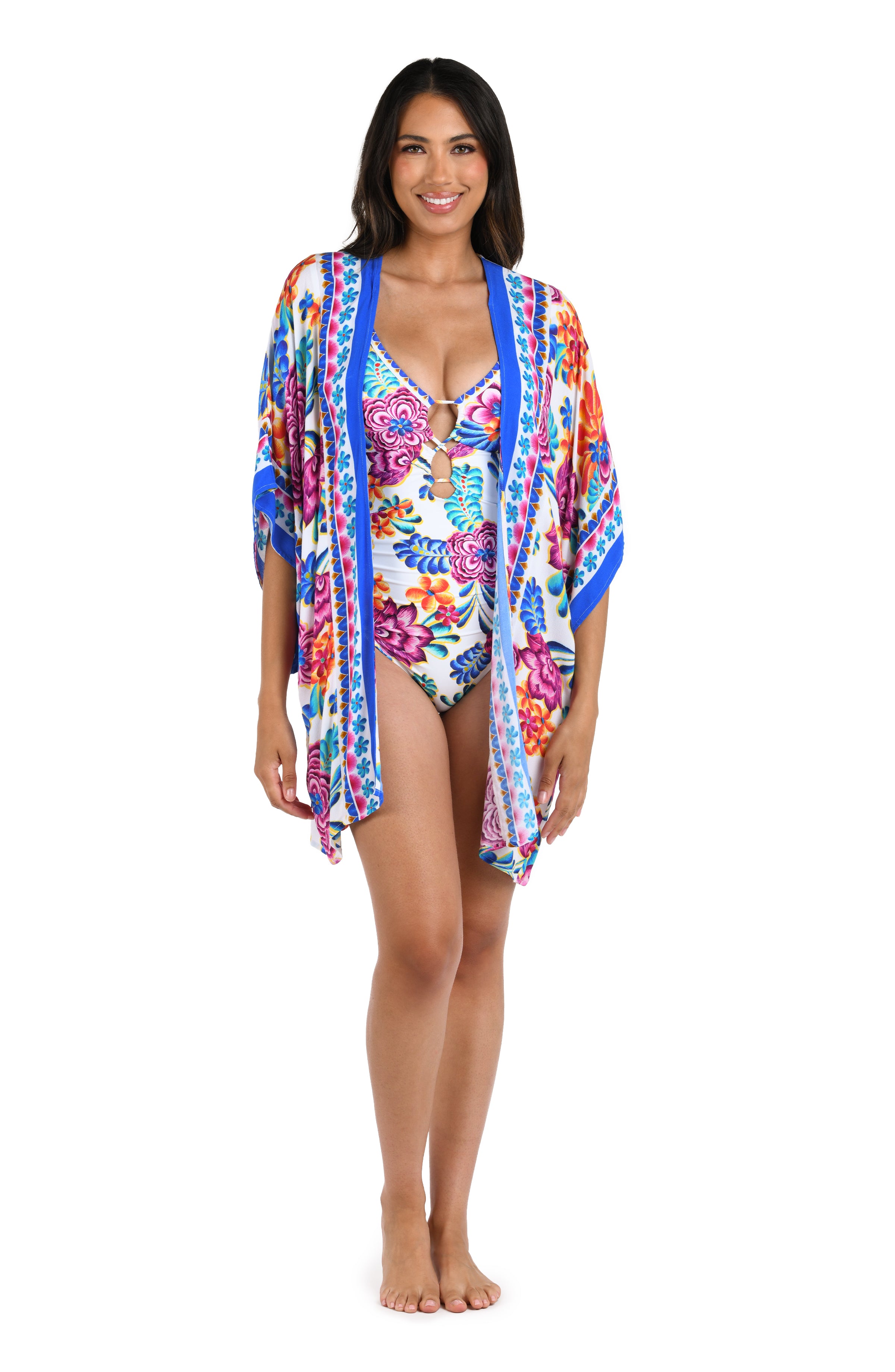 Front image of model wearing the Flor De Paradiso Kimono Cover Up.