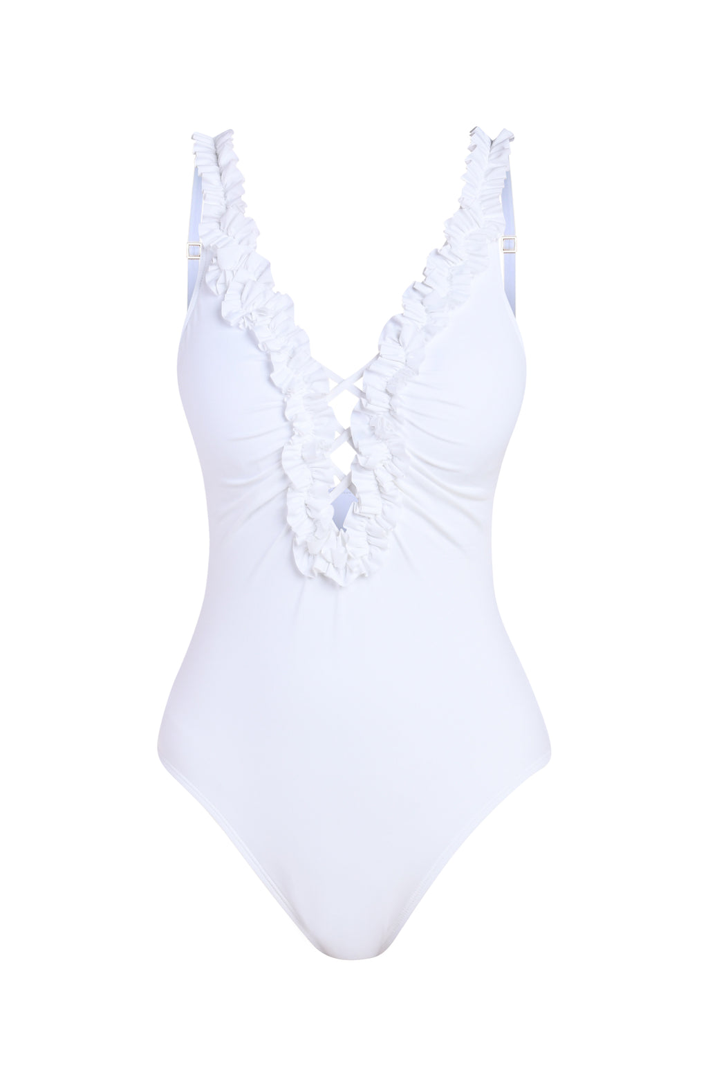 Floating image of a white one-piece swimsuit with deep V-neckline, ruffled trim, and crisscross lace-up front detail.