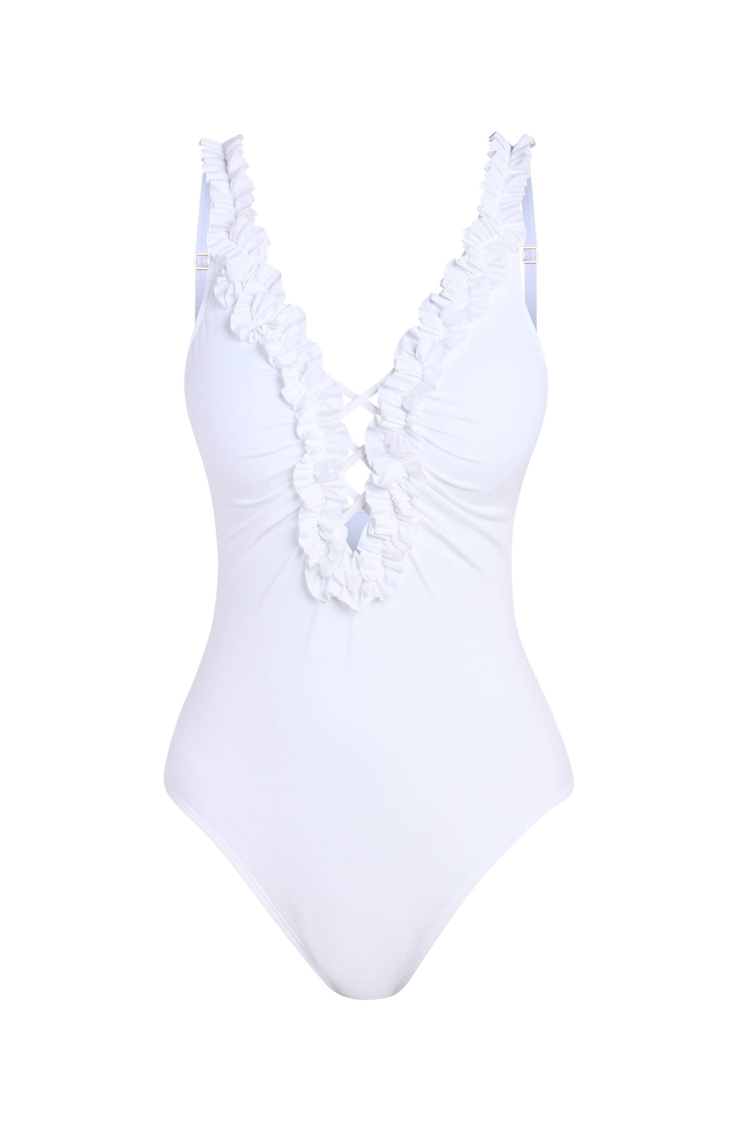 Floating image of a white one-piece swimsuit with deep V-neckline, ruffled trim, and crisscross lace-up front detail.