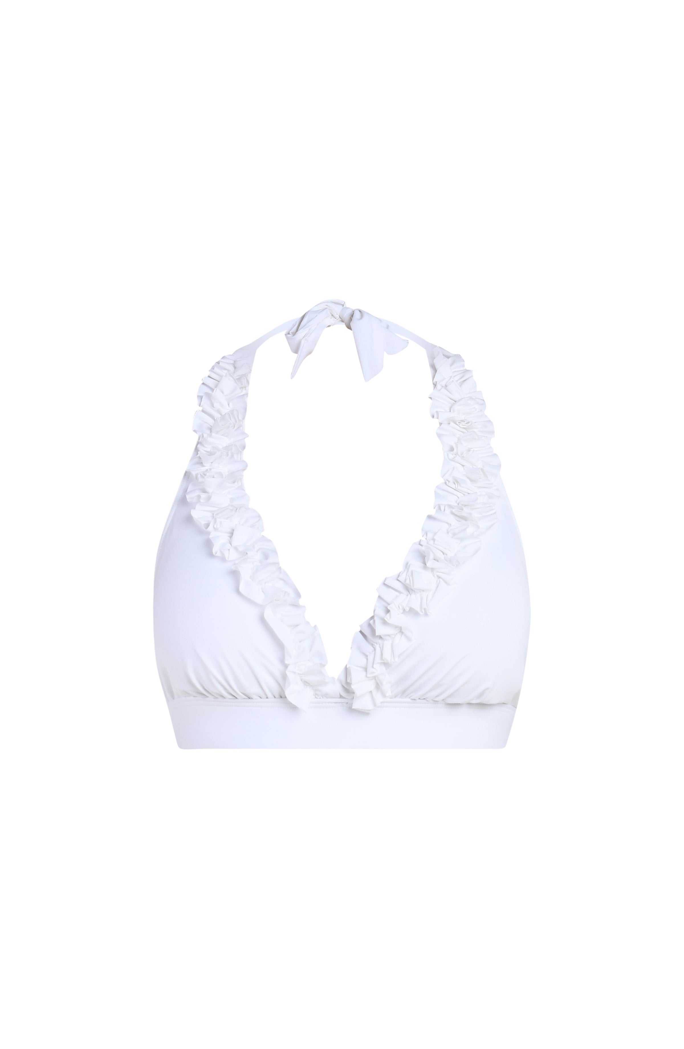 Floating image of a white bikini top with a deep V-neckline and ruffled halter straps.