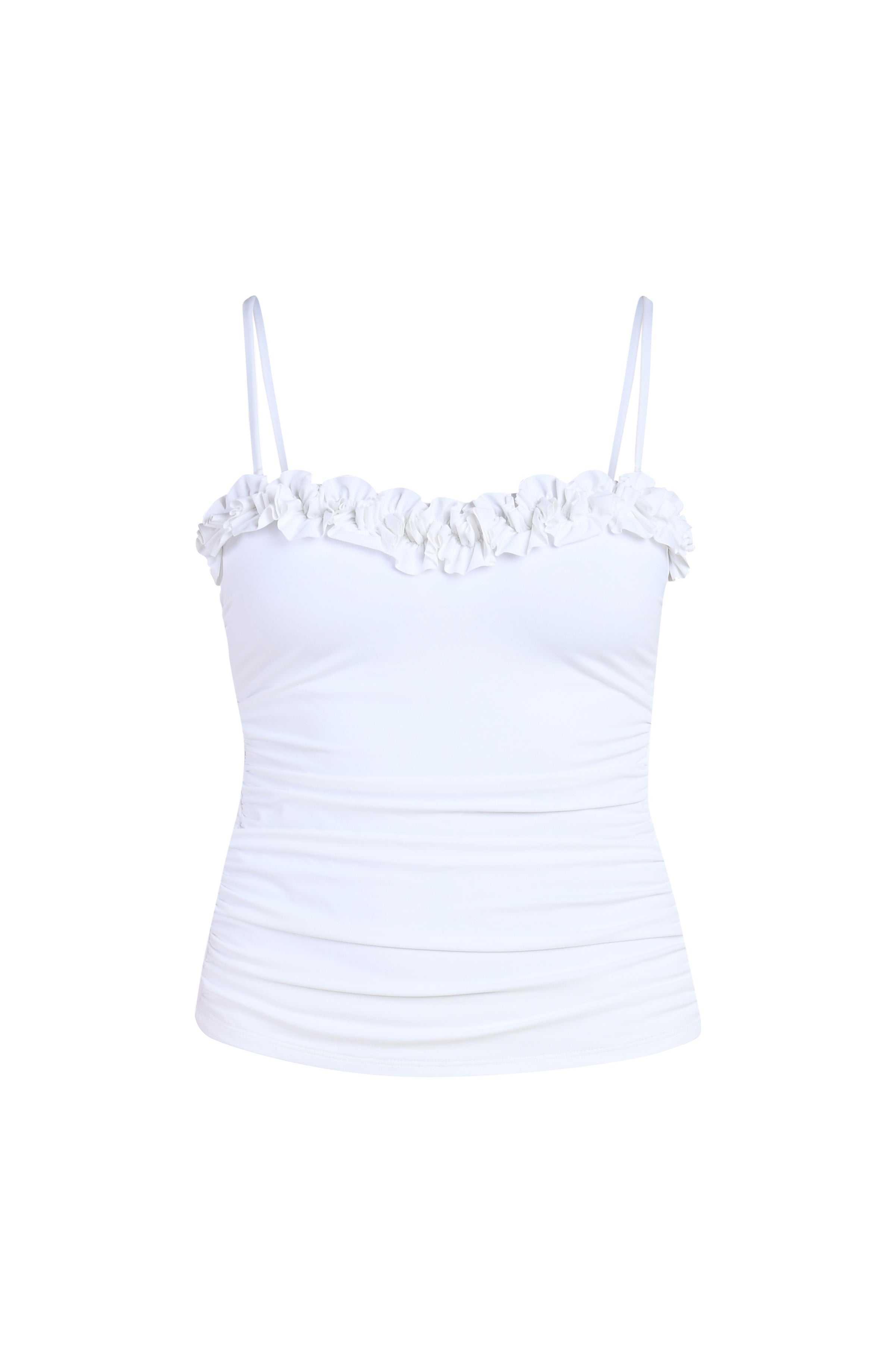 Floating image of a white tankini swimsuit top with thin straps and ruffled trim along the straight neckline.