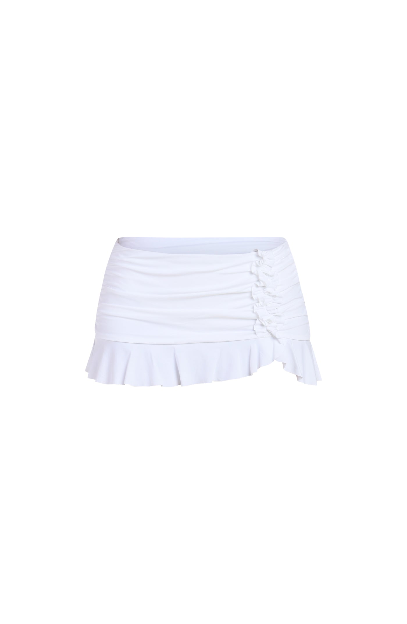 
                  
                    Floating image of a white swim skirt with ruched side detail and ruffled hem.
                  
                