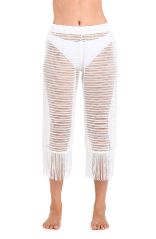 Model is wearing a Fringed Out Cropped Pant in White.