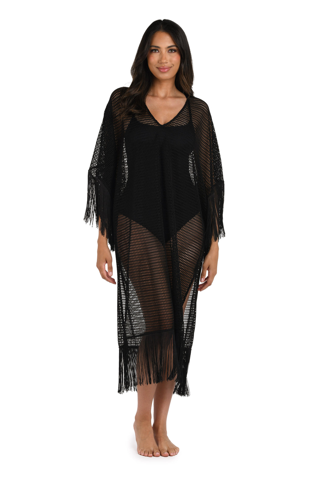 Model is wearing a Fringed Out Long Caftan Cover Up in Black.