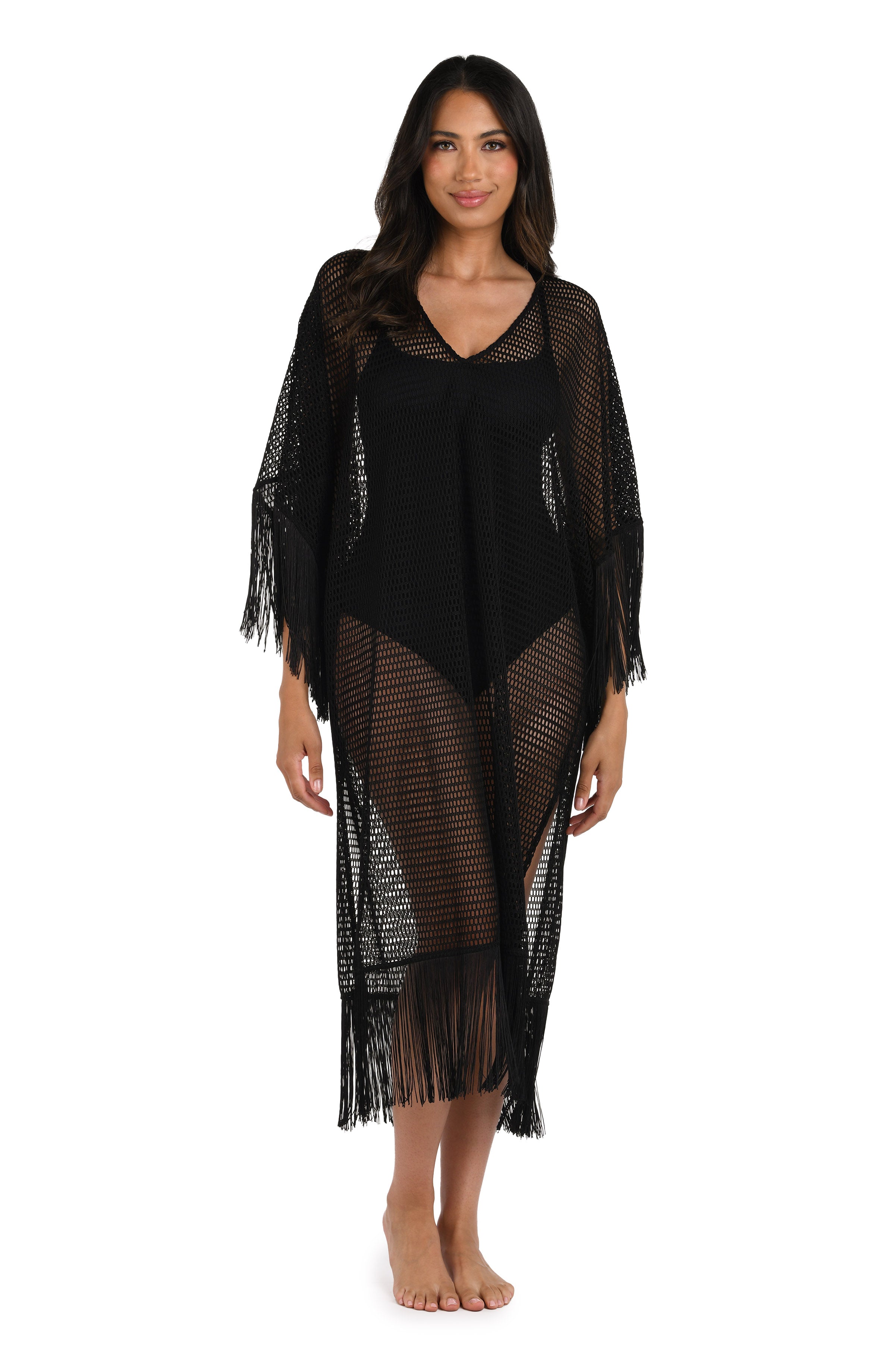 Model is wearing a Fringed Out Long Caftan Cover Up in Black.