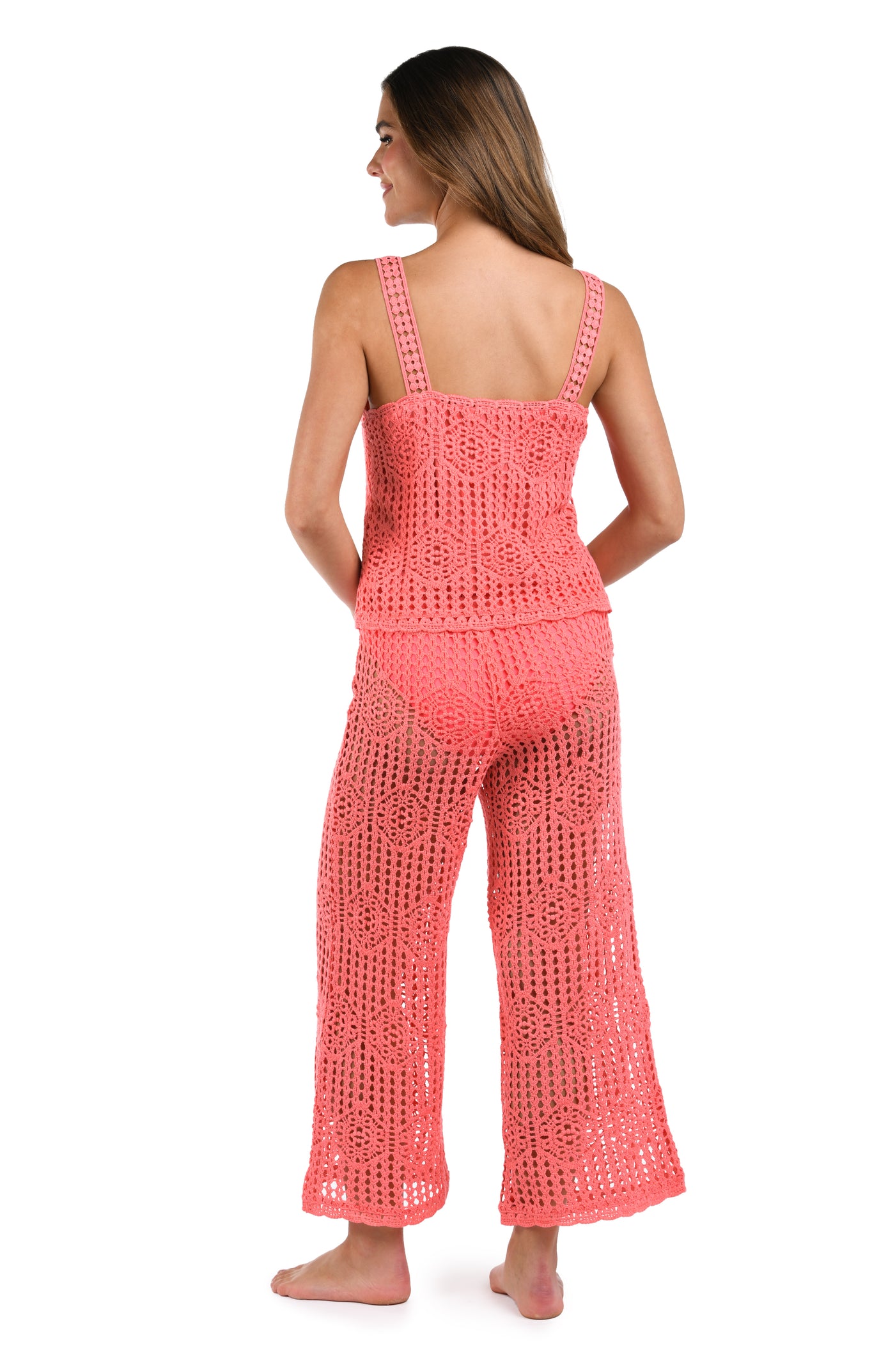 
                  
                    Back image of model wearing the Waverly Covers Cropped Pant and tank top (Unlined) in Coral Reef.
                  
                