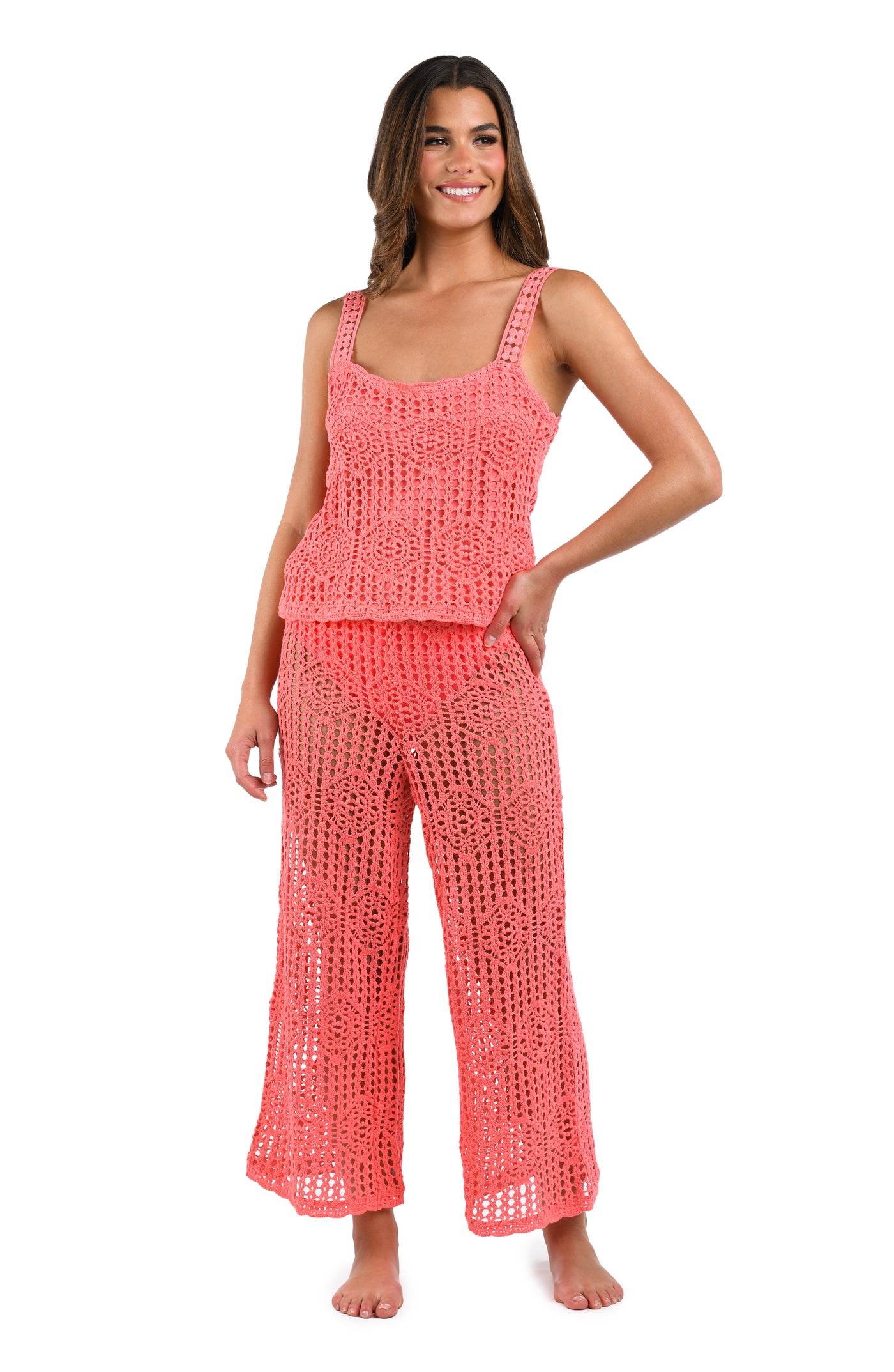 
                  
                    Front image of model wearing the Waverly Covers Cropped Pant and tank top (Unlined) in Coral Reef.
                  
                