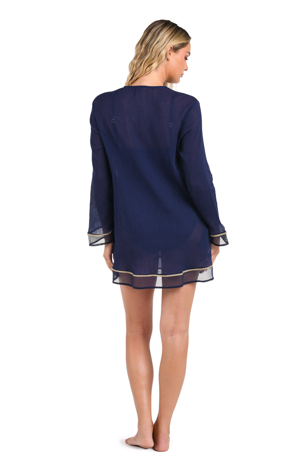 Back image of model wearing the Fields Of Gold Lace Up V-Neck Tunic Cover Up.
