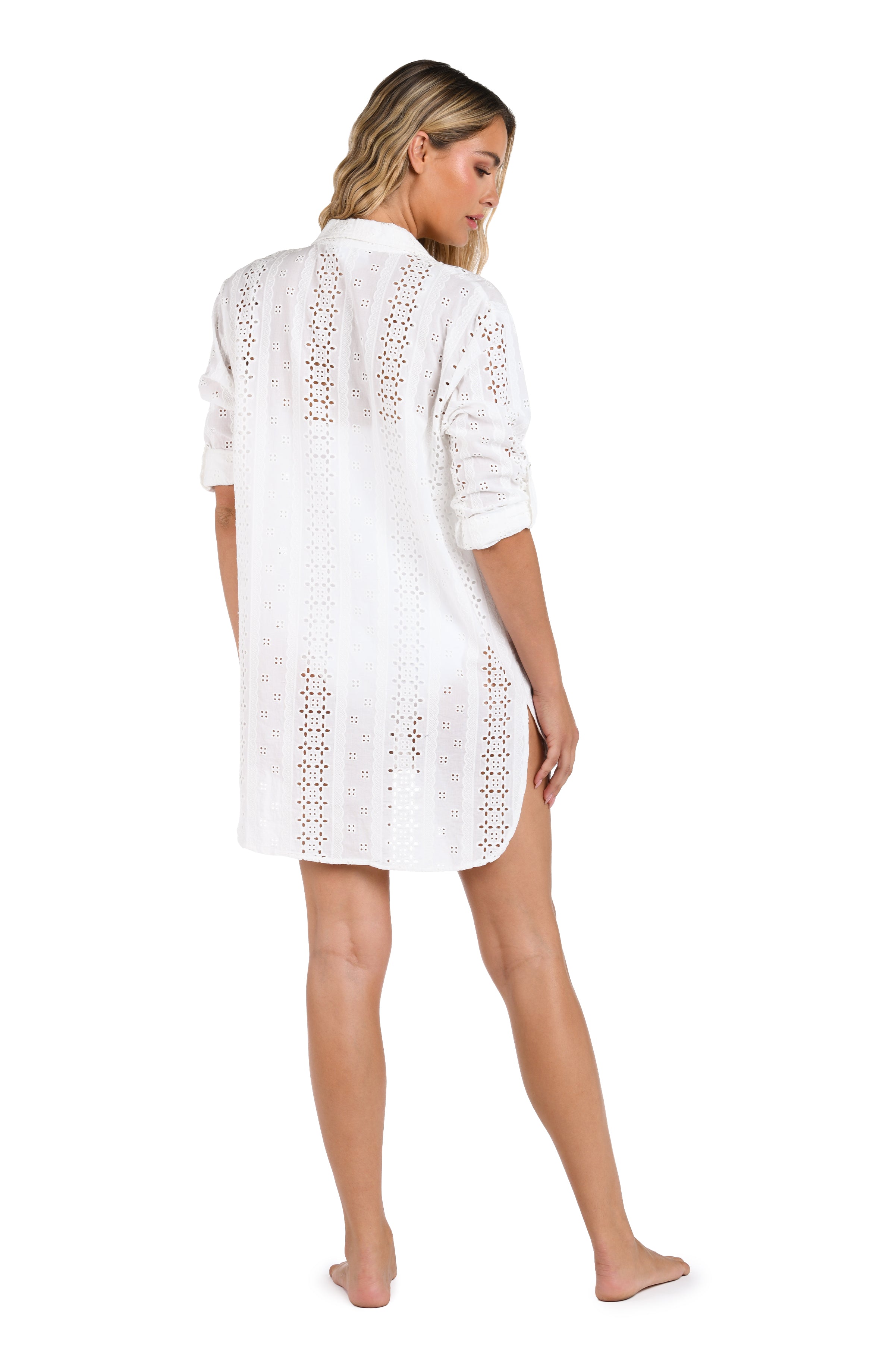 Back image of model wearing the Eyelet Covers Camp Shirt w/ Crochet Insets.