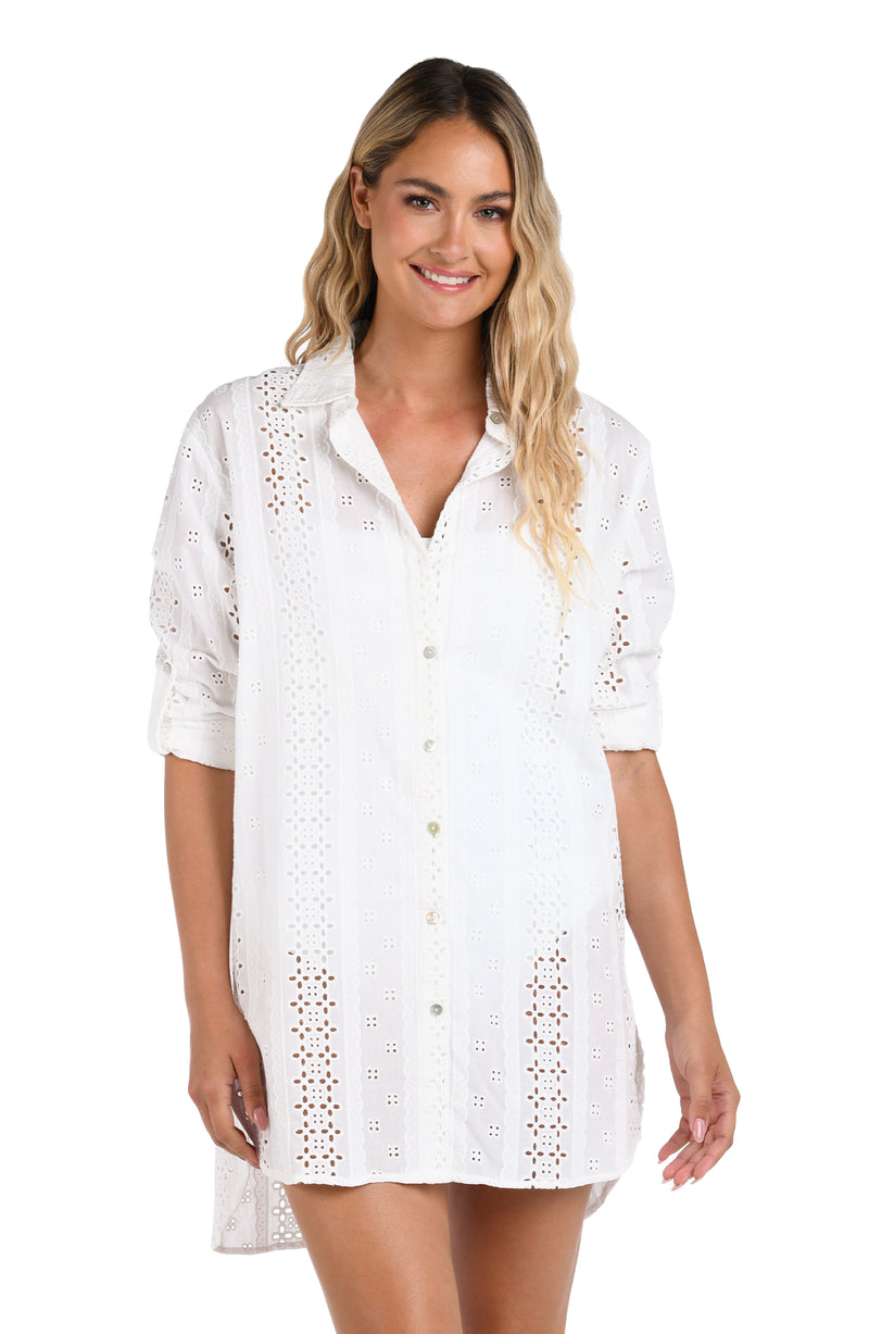 Front image of model wearing the Eyelet Covers Camp Shirt w/ Crochet Insets.