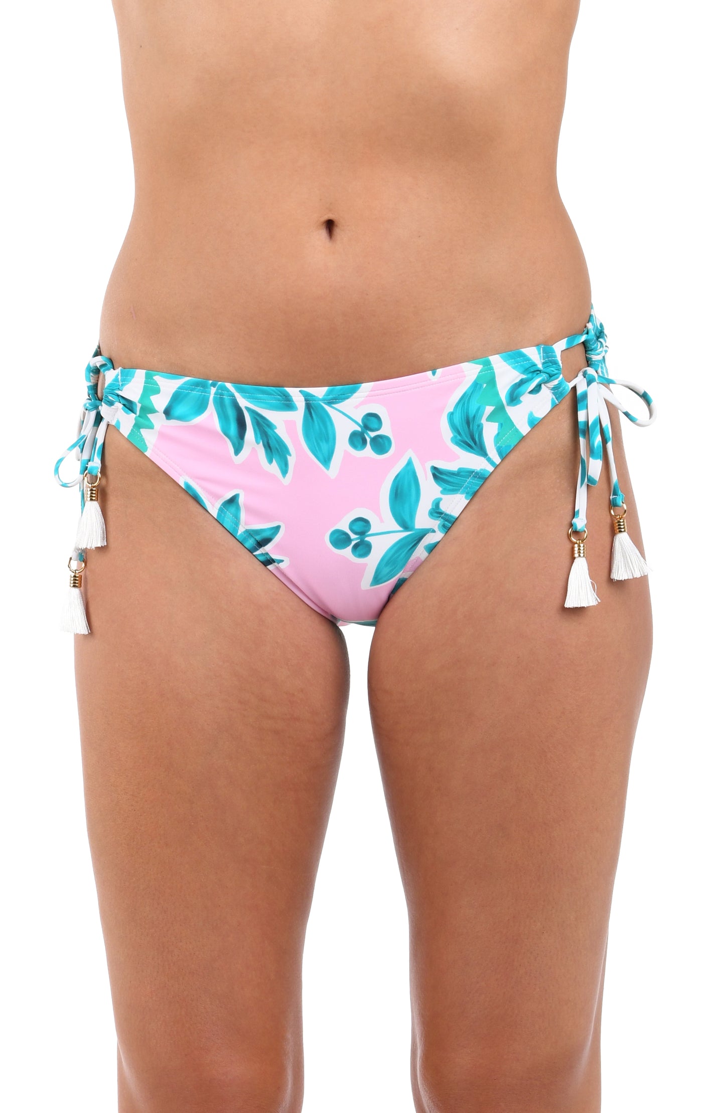 Front image of model wearing the Opulent Palm Side Tie Hipster Bottom in multi color green and pink.