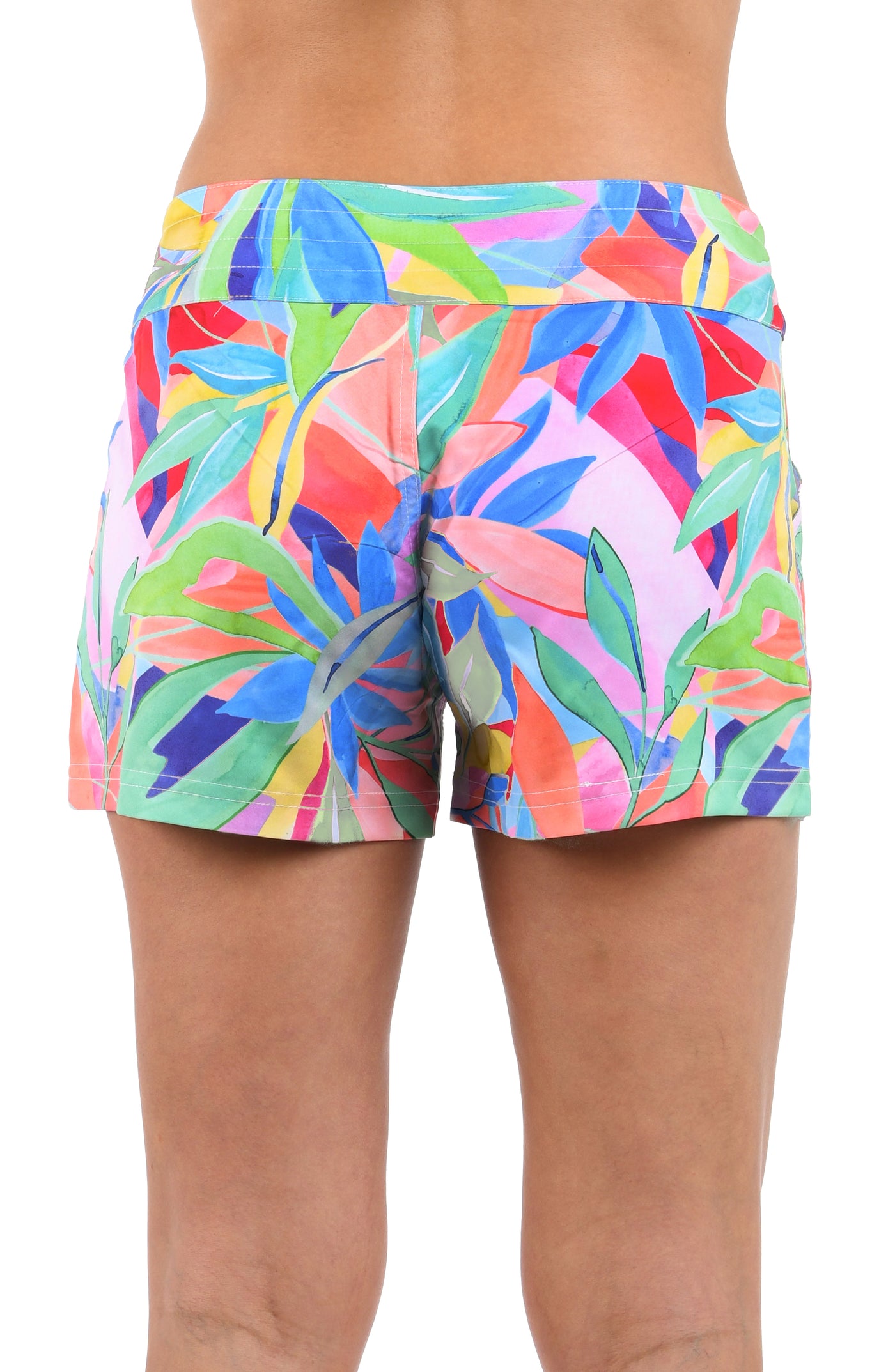 
                  
                    Back image of a model wearing multicolored tropical board shorts featuring full rear coverage.
                  
                