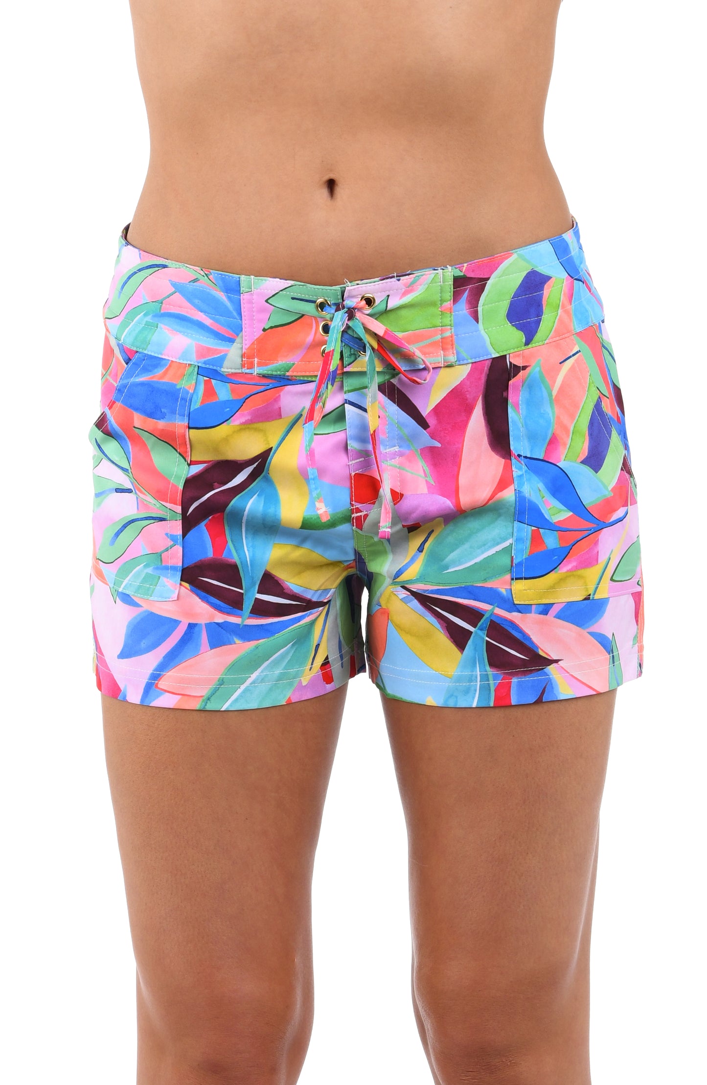 Front image of model wearing the Tropi-flage 3" Inseam Board Short in a bright multi colored tropical print.