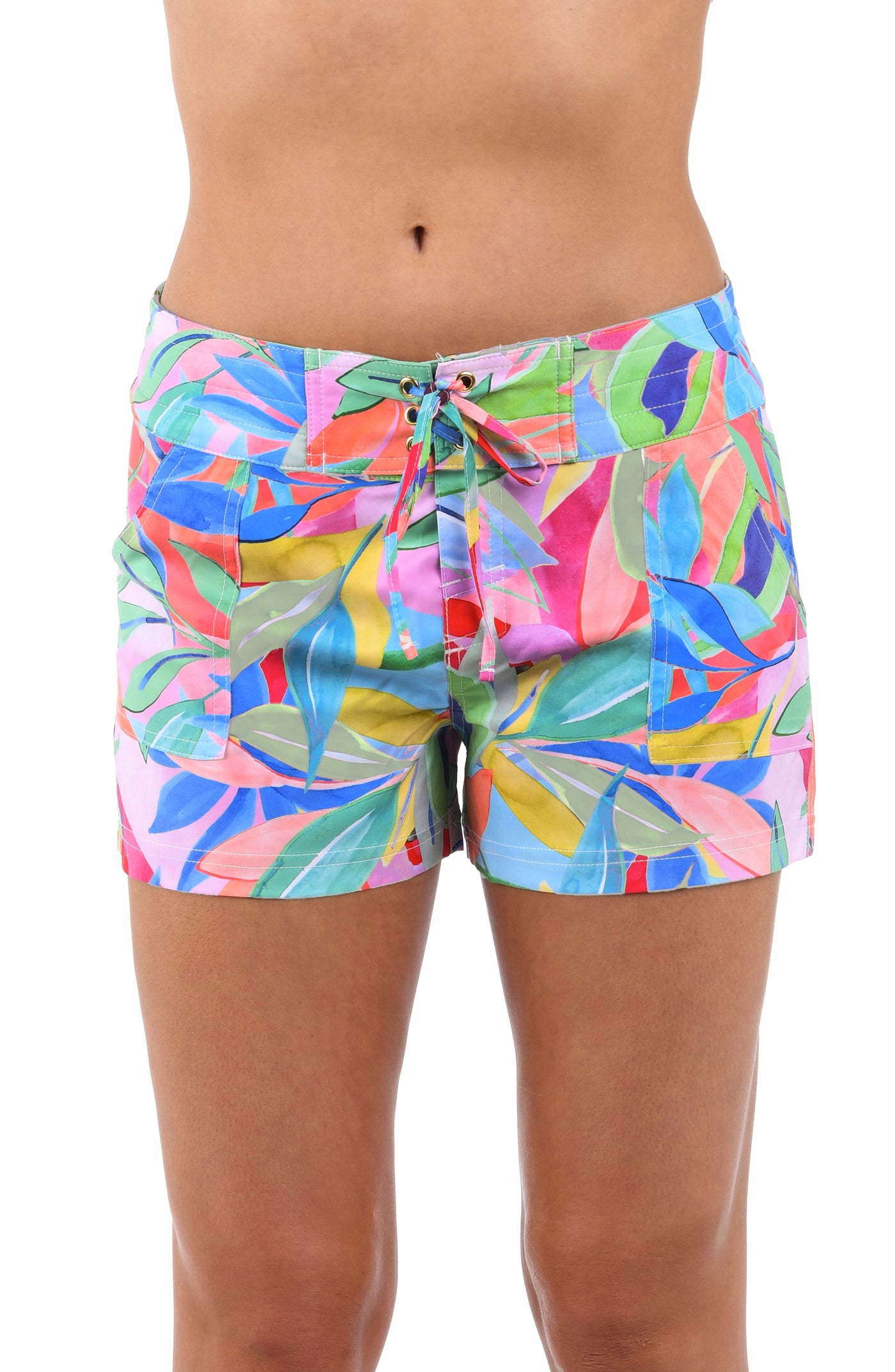 
                  
                    Front image of a model wearing multicolored tropical board shorts featuring a tie front and side pockets. 
                  
                