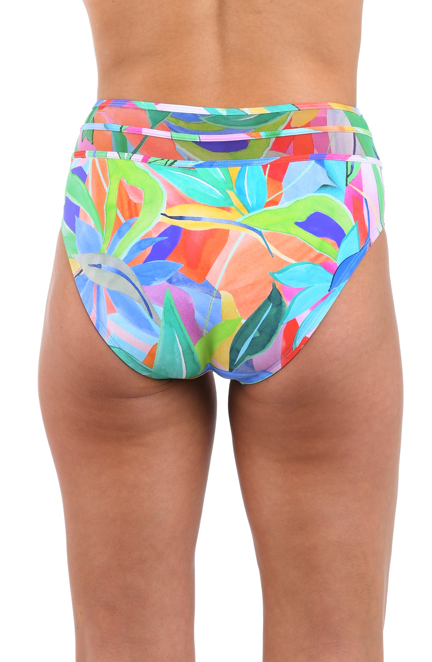 Back image of model wearing the Tropi-flage High-Waist Bottom w/ Mesh Detail in a bright multi colored tropical print.