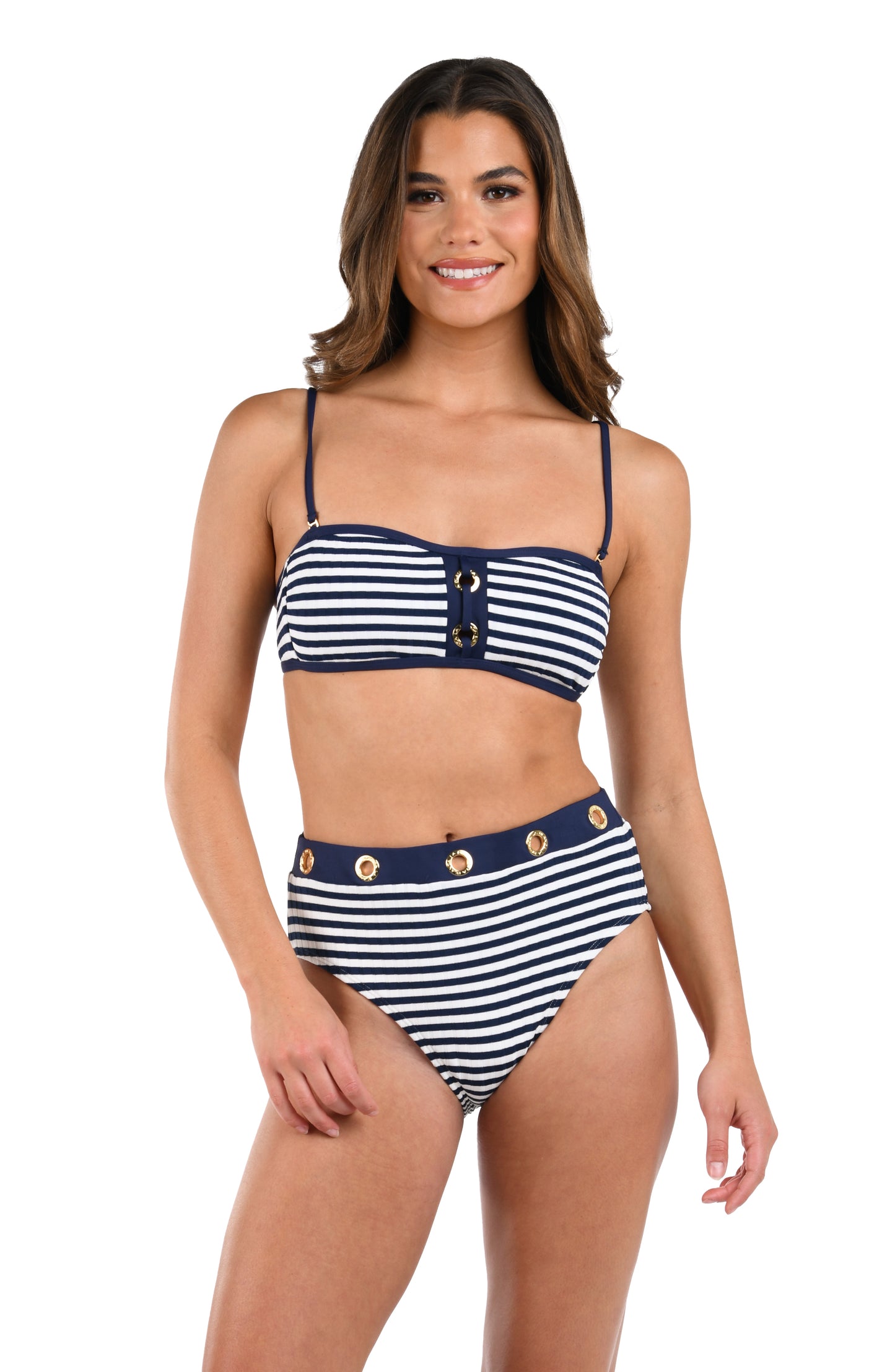 Front image of model wearing the Set Sail Bandeau Bikini Top in white and indigo.