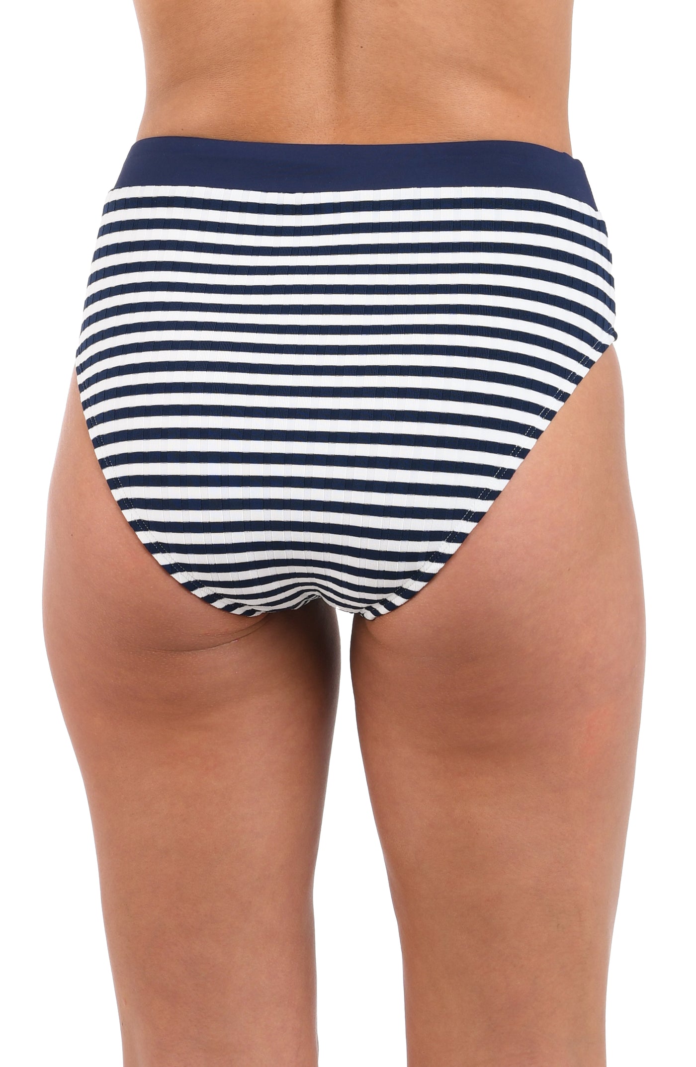 
                  
                    Back image of model wearing the Set Sail High-Waist Bottom in white and indigo.
                  
                