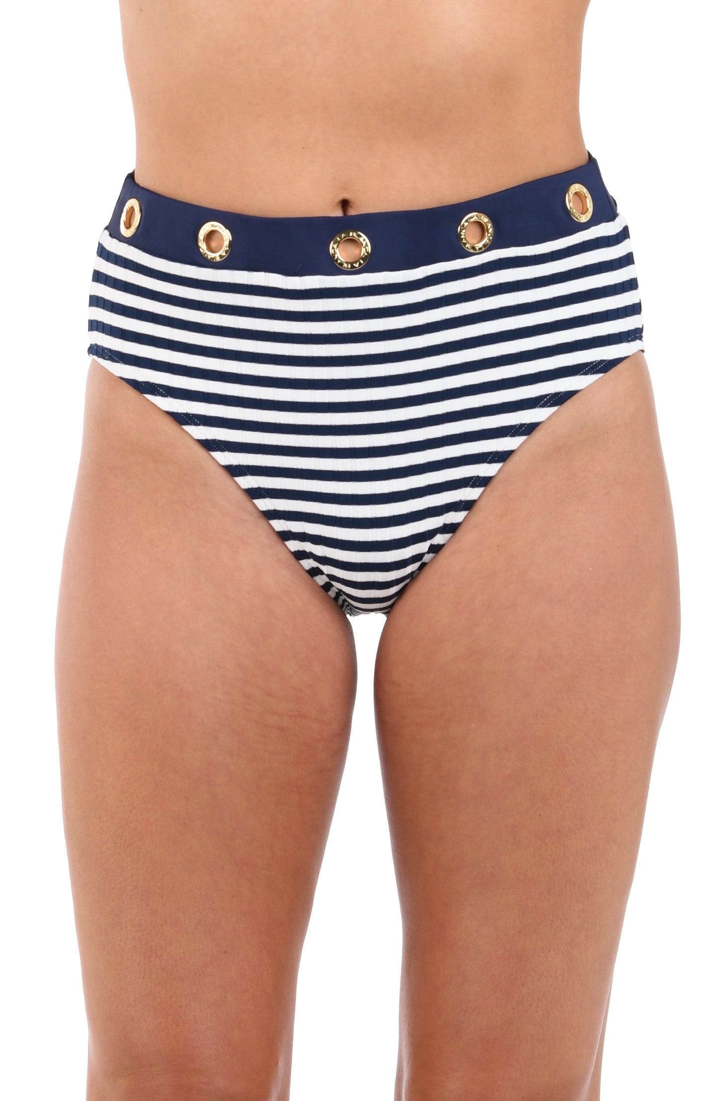 Front image of model wearing the Set Sail High-Waist Bottom in white and indigo.