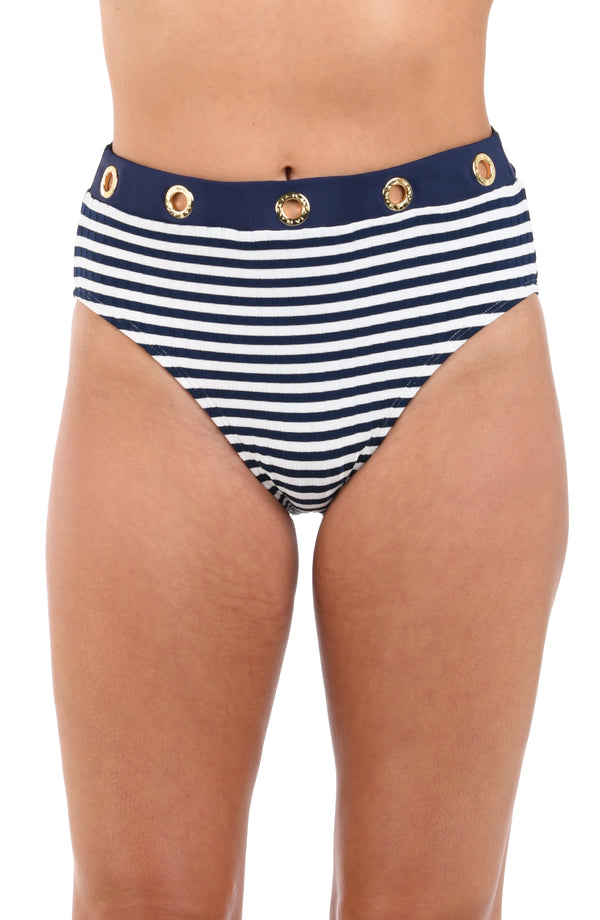 Front image of model wearing the Set Sail High-Waist Bottom in white and indigo.