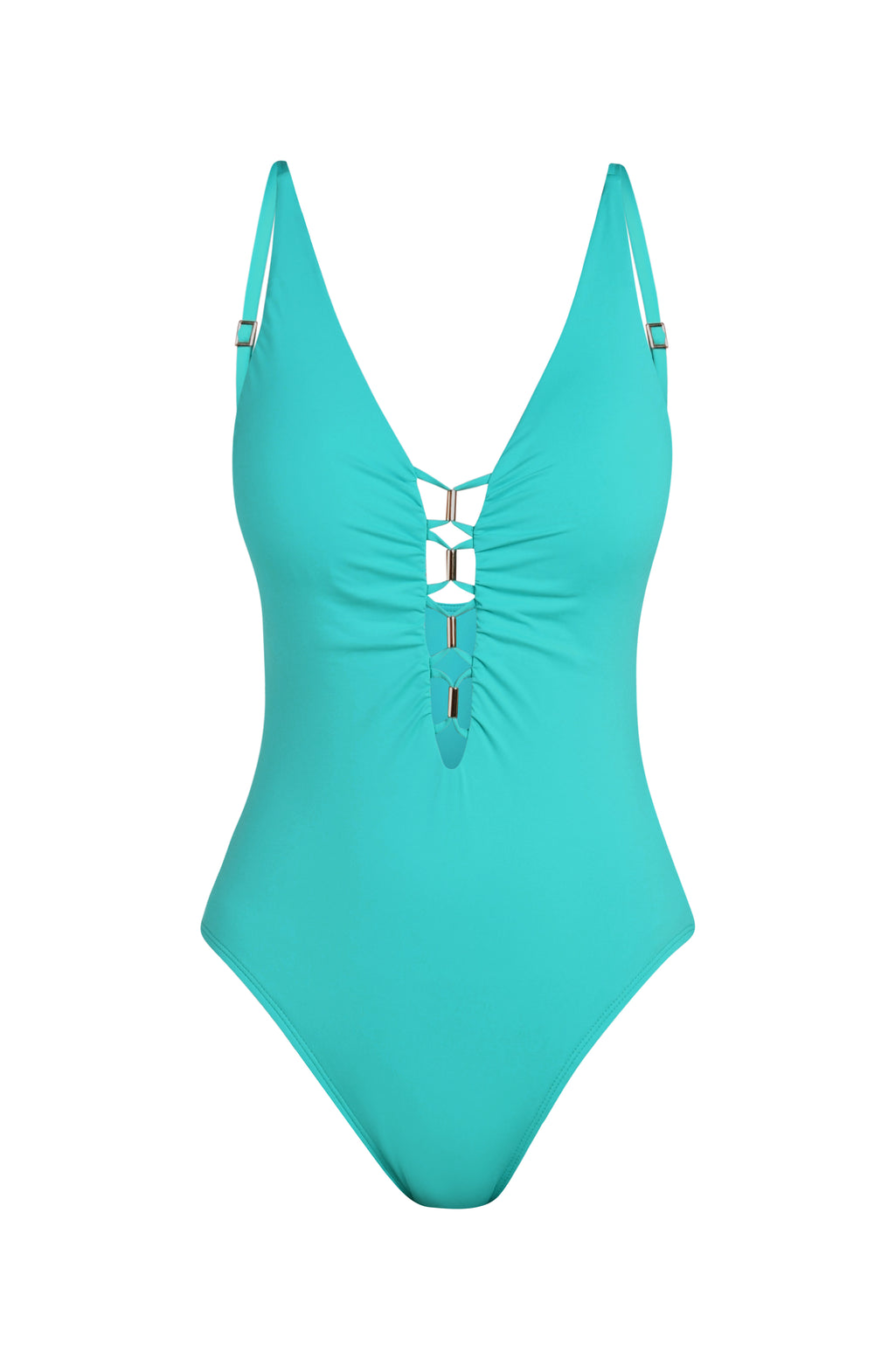 Floating image of a calypso (turquoise) colored one-piece swimsuit with a deep V-neckline and ladder-style cutout detailing down the front.
